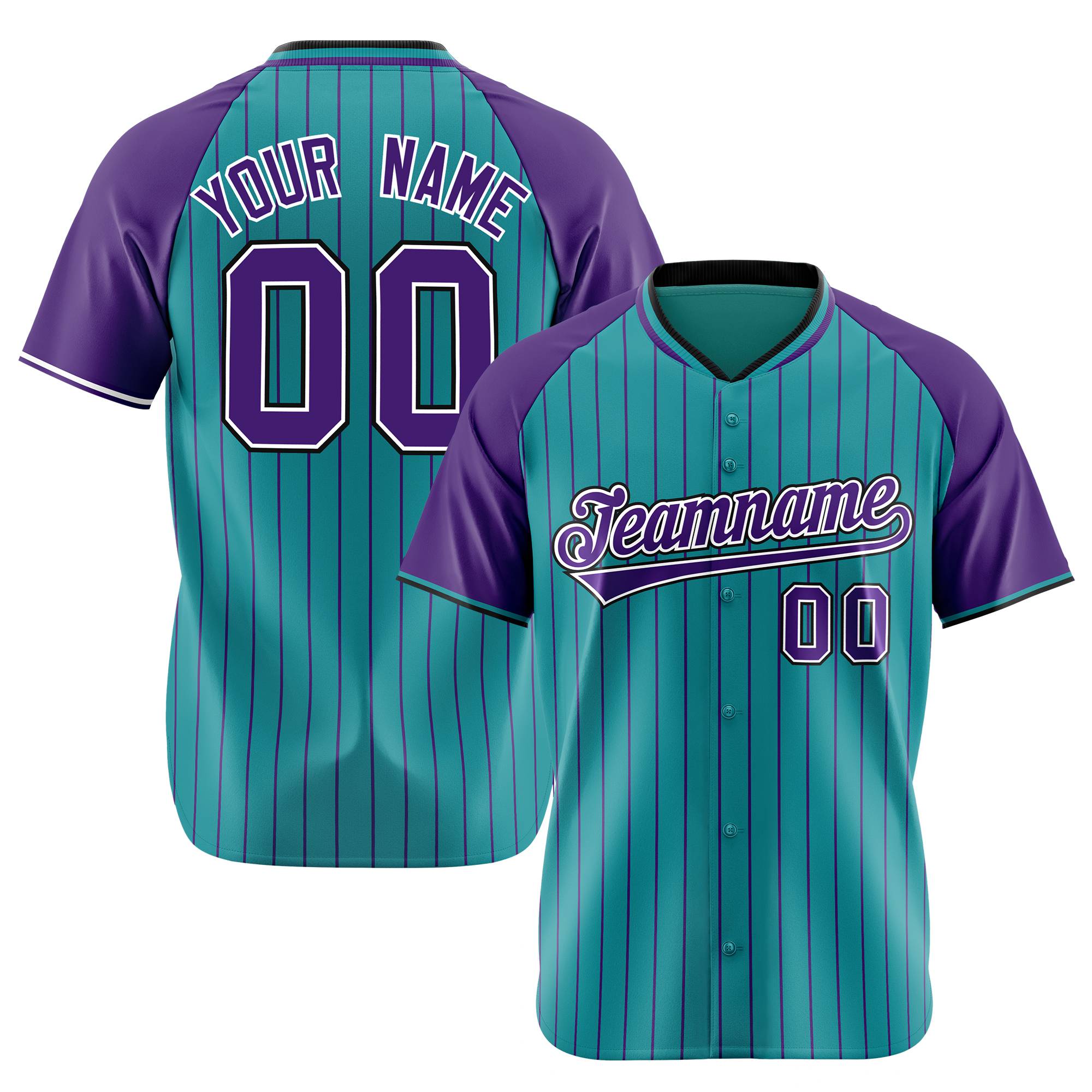 Custom Aqua Purple Pinstripe Purple-Aqua Authentic Raglan Sleeves Baseball Jersey