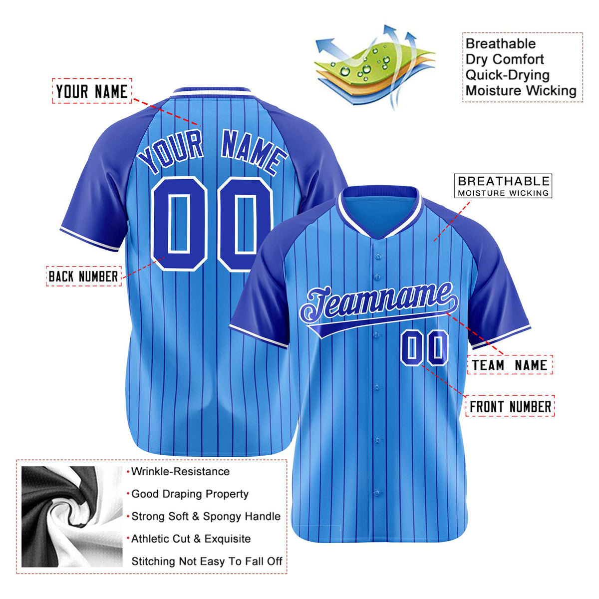 Custom Powder Blue-Royal Blue Pinstripe Authentic Raglan Sleeves Baseball Jersey