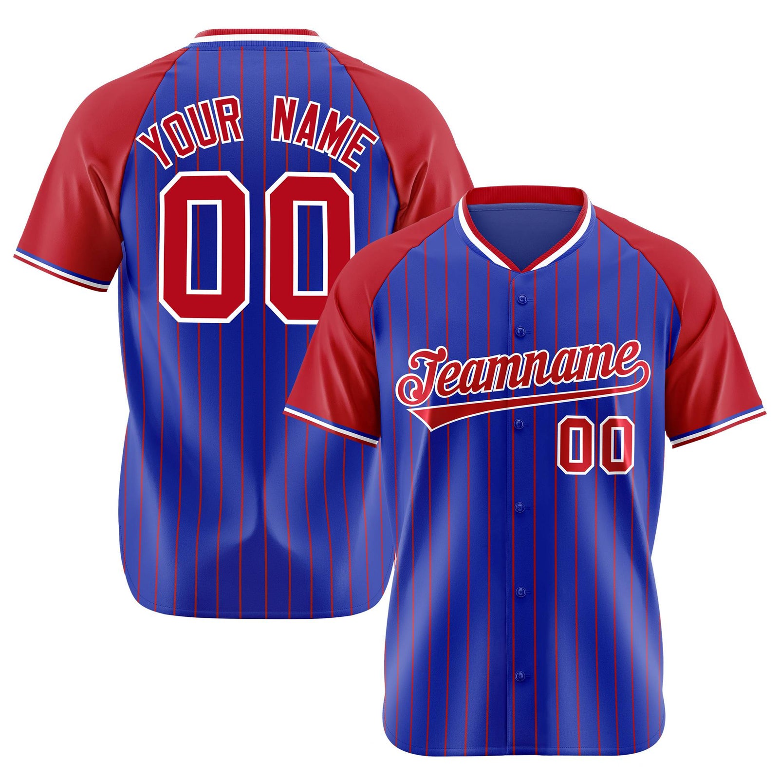Custom Royal Blue-Red Pinstripe Authentic Raglan Sleeves Baseball Jersey