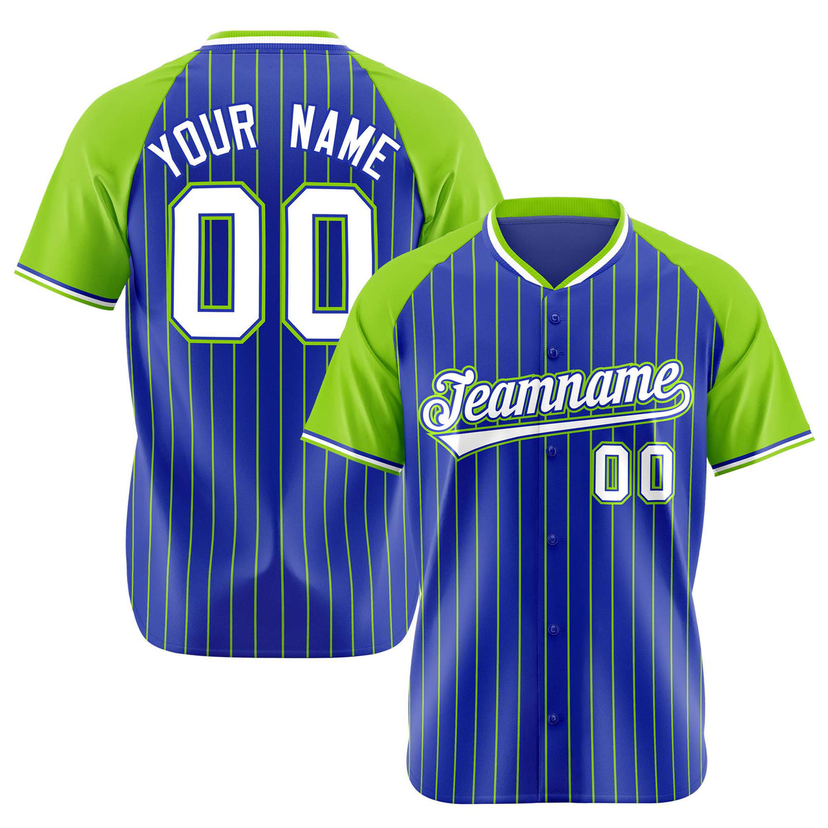 Custom Royal Blue-Green Pinstripe Authentic Raglan Sleeves Baseball Jersey