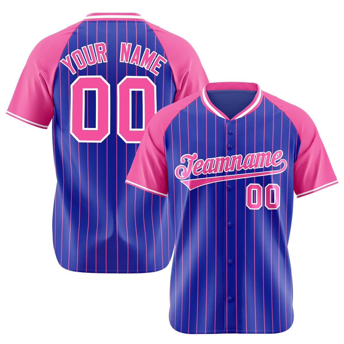 Custom Royal Blue-Pink Pinstripe Authentic Raglan Sleeves Baseball Jersey