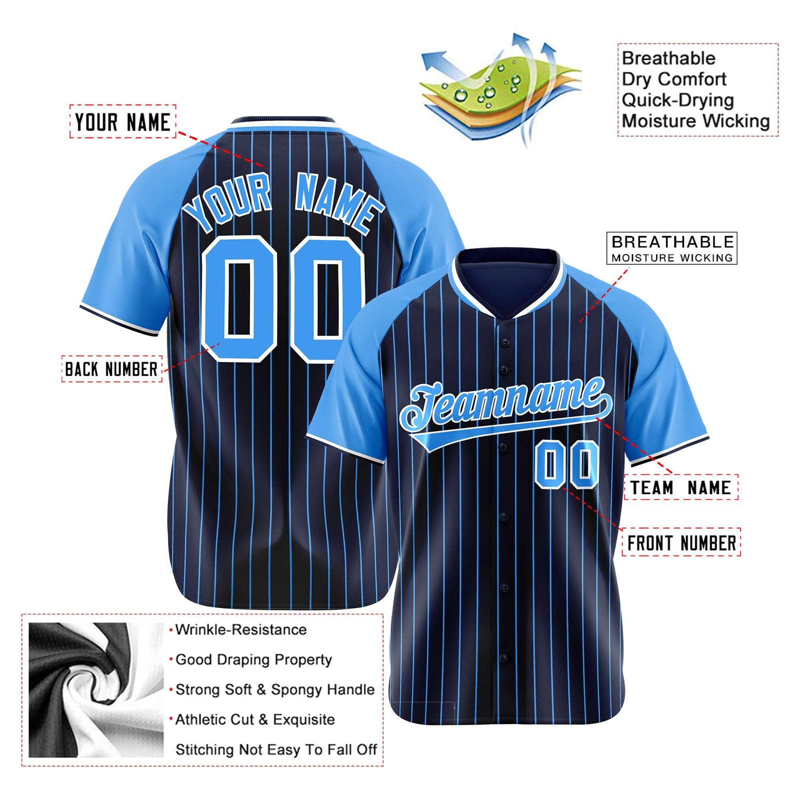 Custom Navy-Light Blue Pinstripe Authentic Raglan Sleeves Baseball Jersey