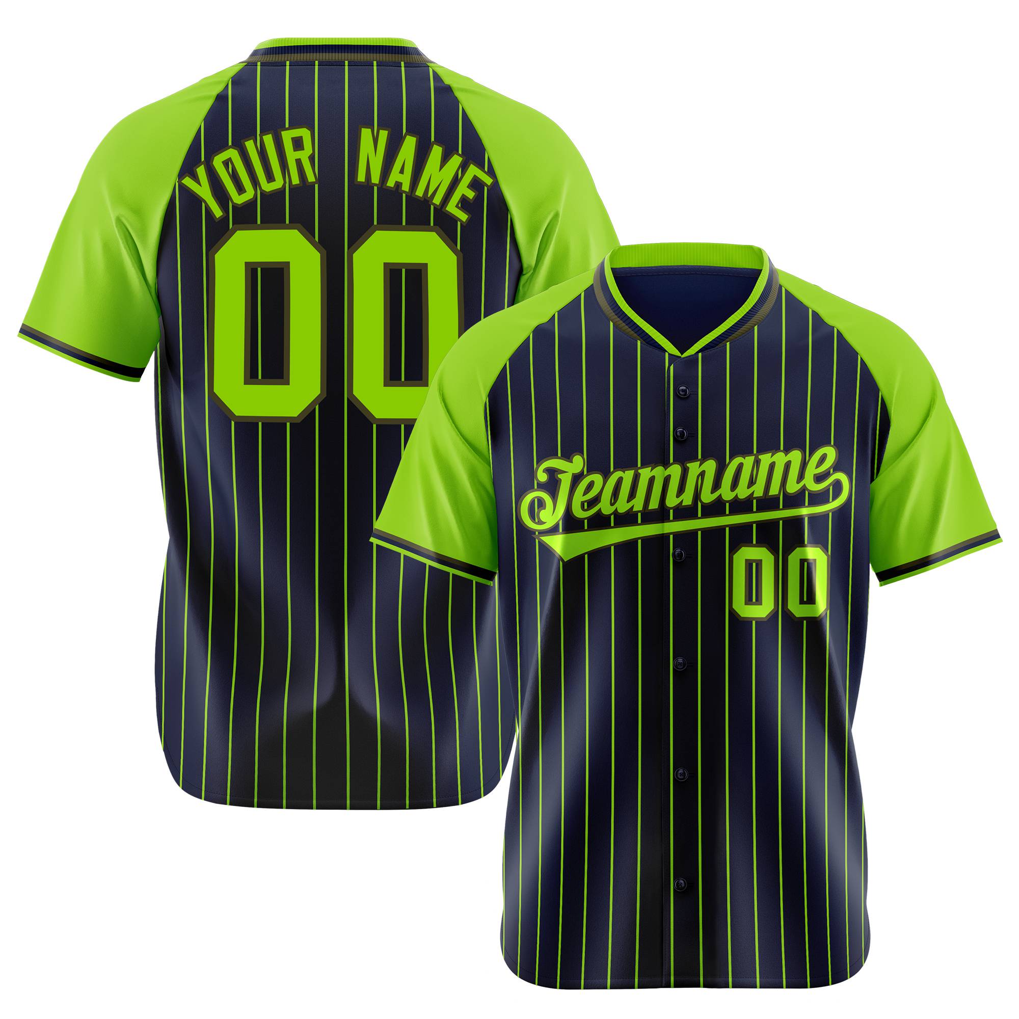 Custom Navy-Neon Green Pinstripe Authentic Raglan Sleeves Baseball Jersey