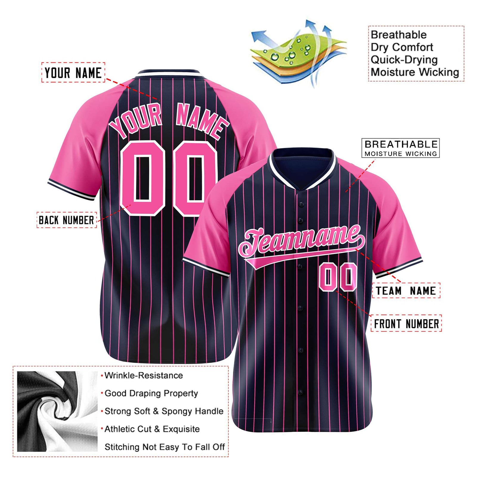 Custom Navy Pink Pinstripe Pink-Navy Authentic Raglan Sleeves Baseball Jersey