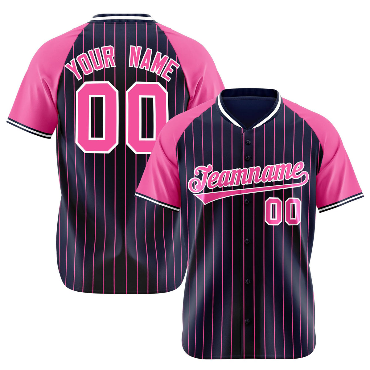 Custom Navy Pink Pinstripe Pink-Navy Authentic Raglan Sleeves Baseball Jersey