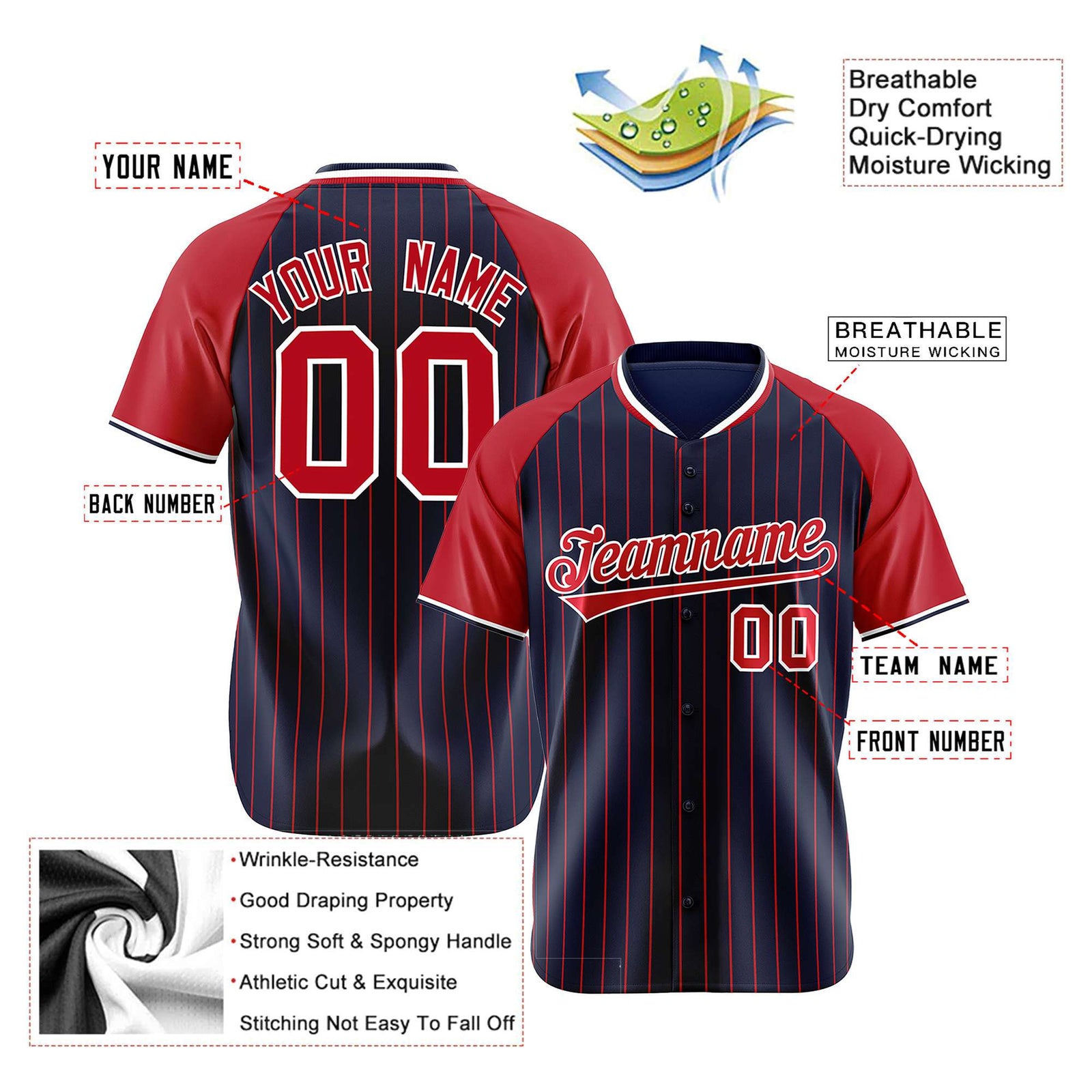 Custom Navy Red Pinstripe Red-Navy Authentic Raglan Sleeves Baseball Jersey