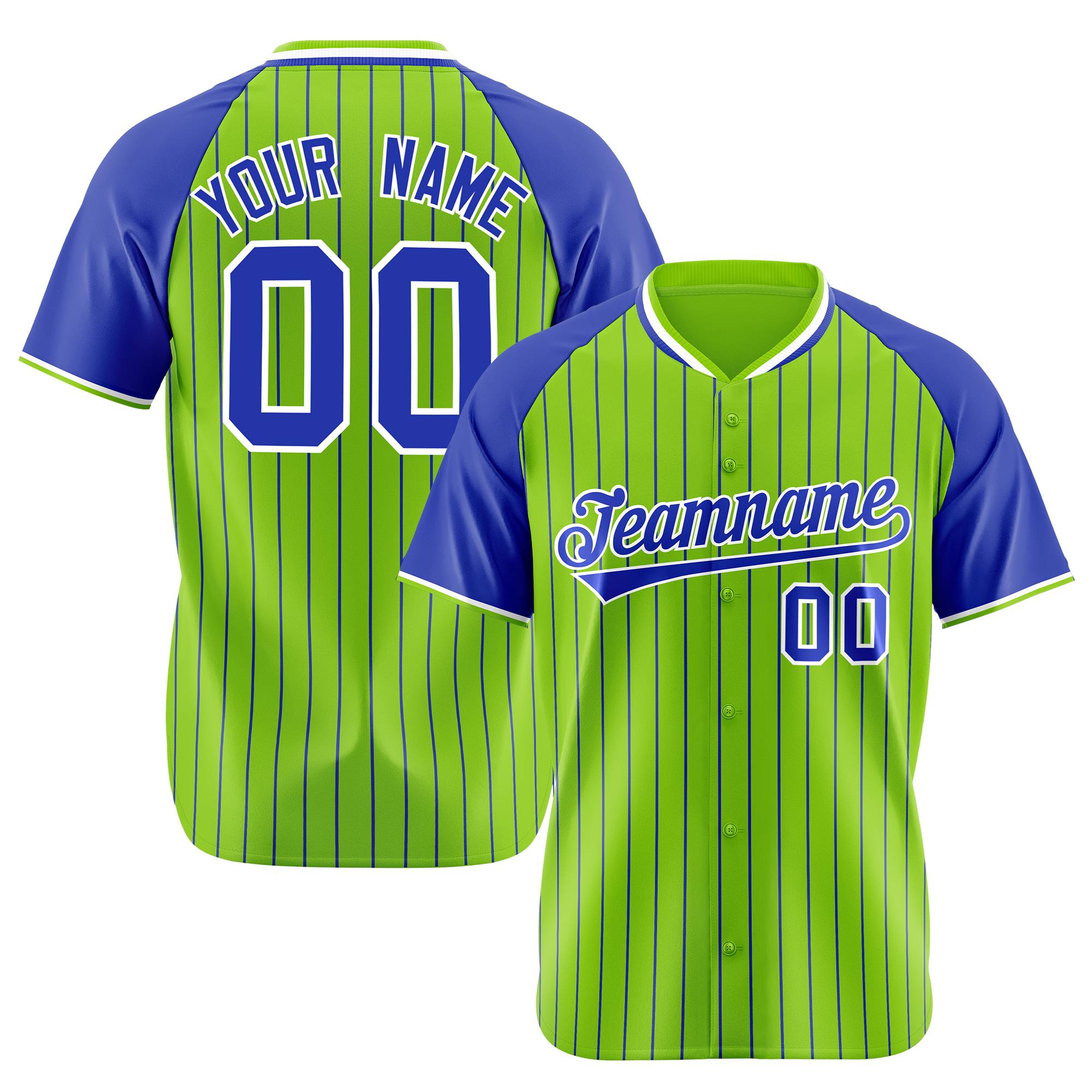 Custom Neon Green-Royal Blue Pinstripe Authentic Raglan Sleeves Baseball Jersey