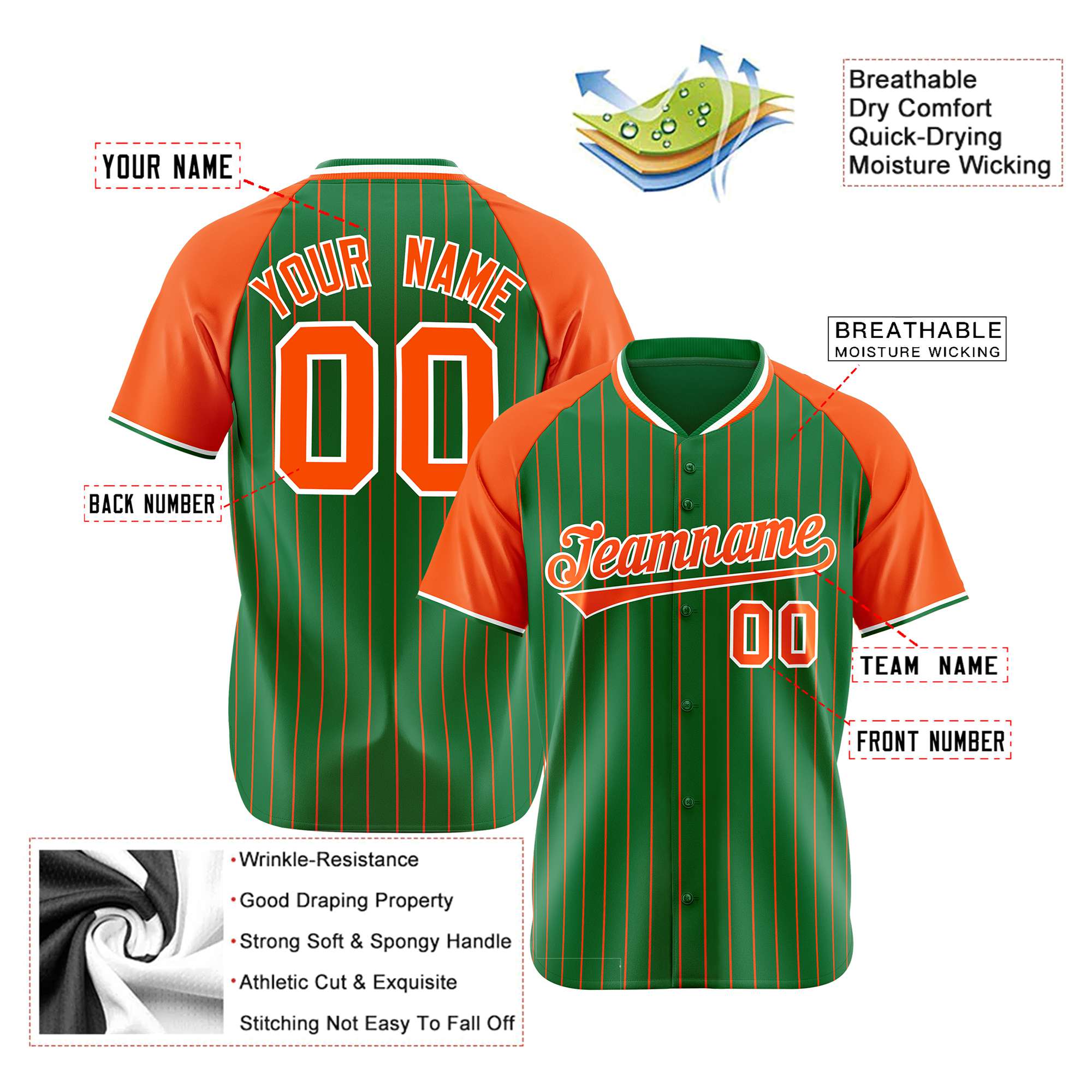 Custom Kelly Green Orange Pinstripe Authentic Raglan Sleeves Baseball Jersey