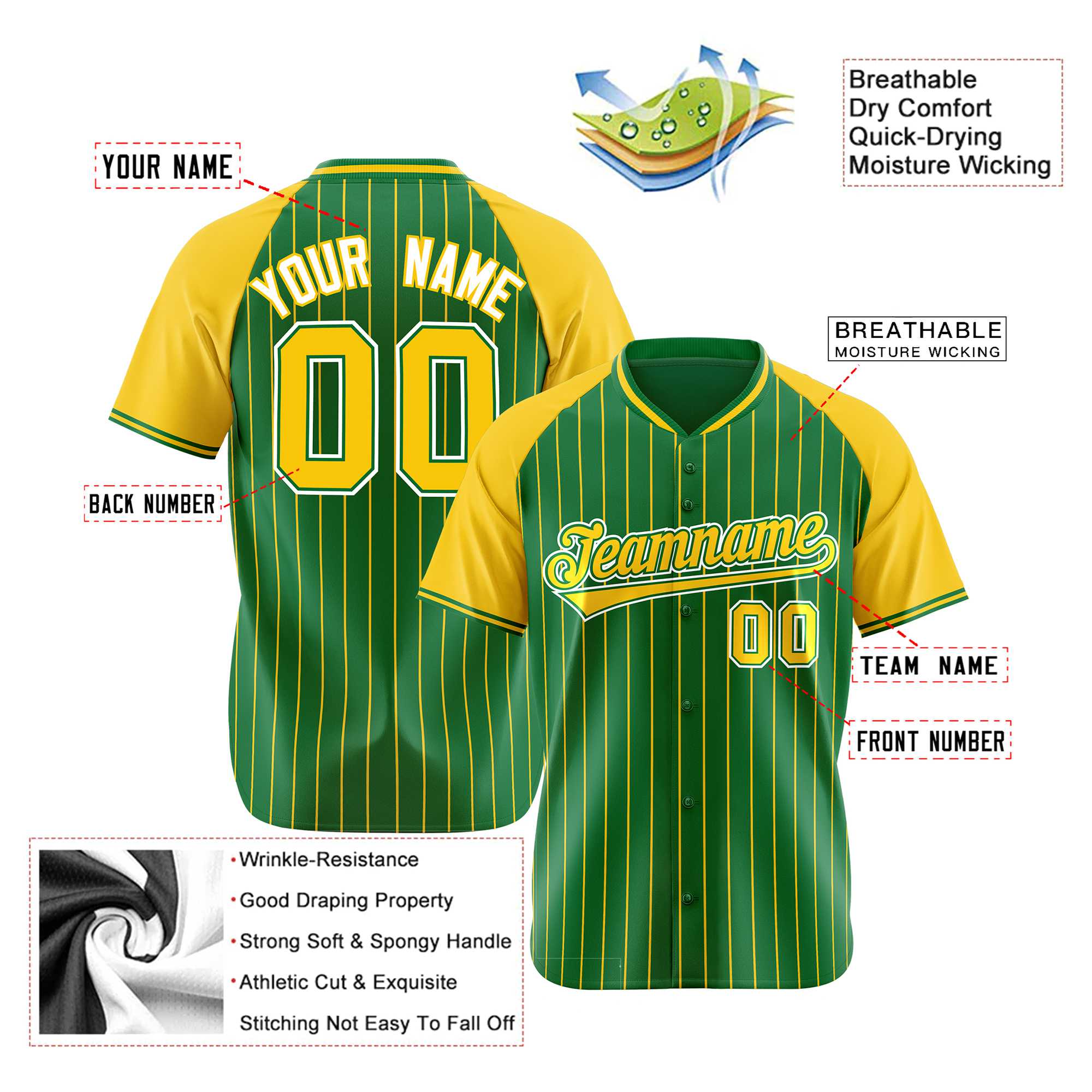 Custom Kelly Green-Yellow Pinstripe Authentic Raglan Sleeves Baseball Jersey