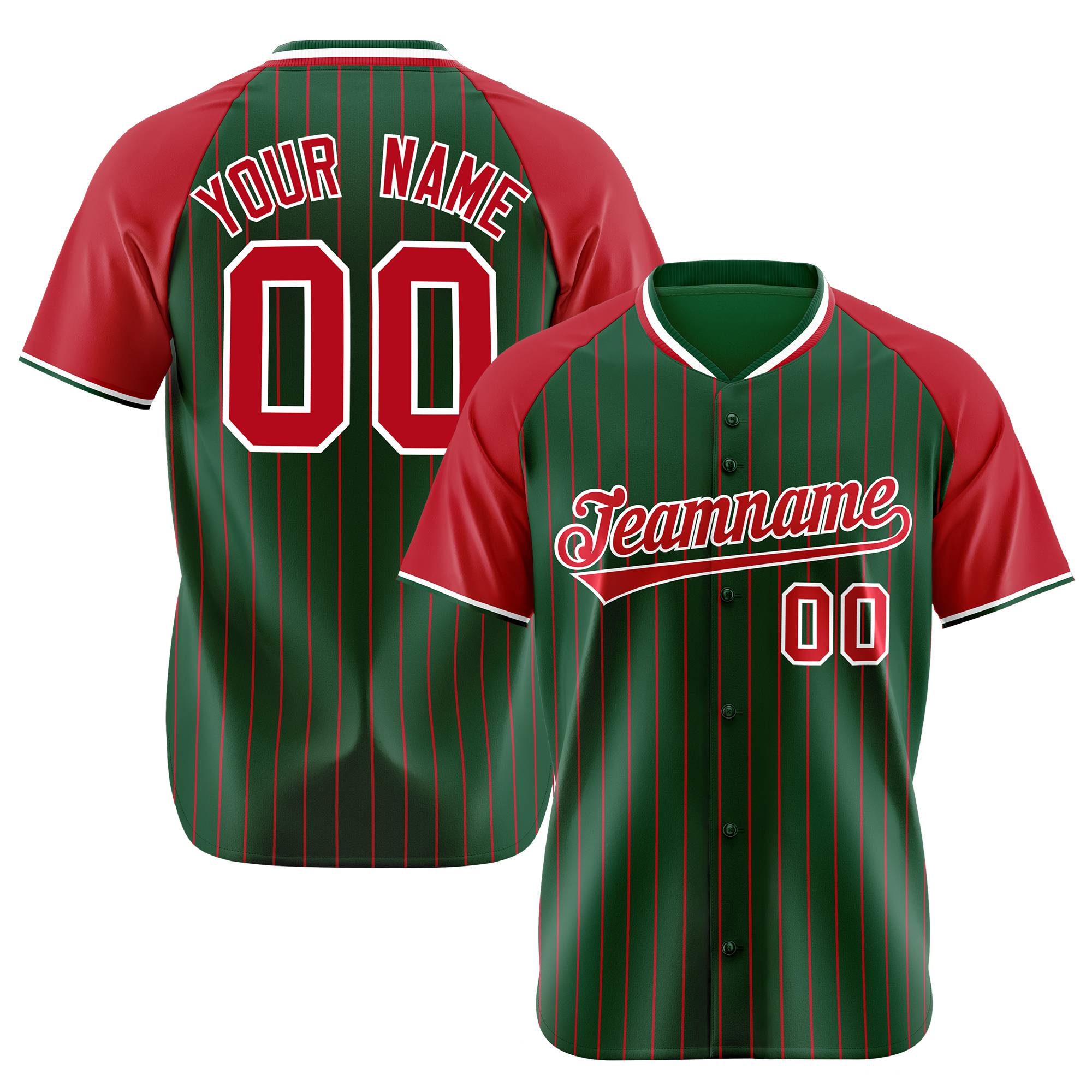 Custom Green Red Pinstripe Authentic Raglan Sleeves Baseball Jersey