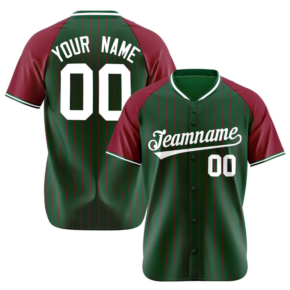 Custom Green Crimson Pinstripe Authentic Raglan Sleeves Baseball Jersey