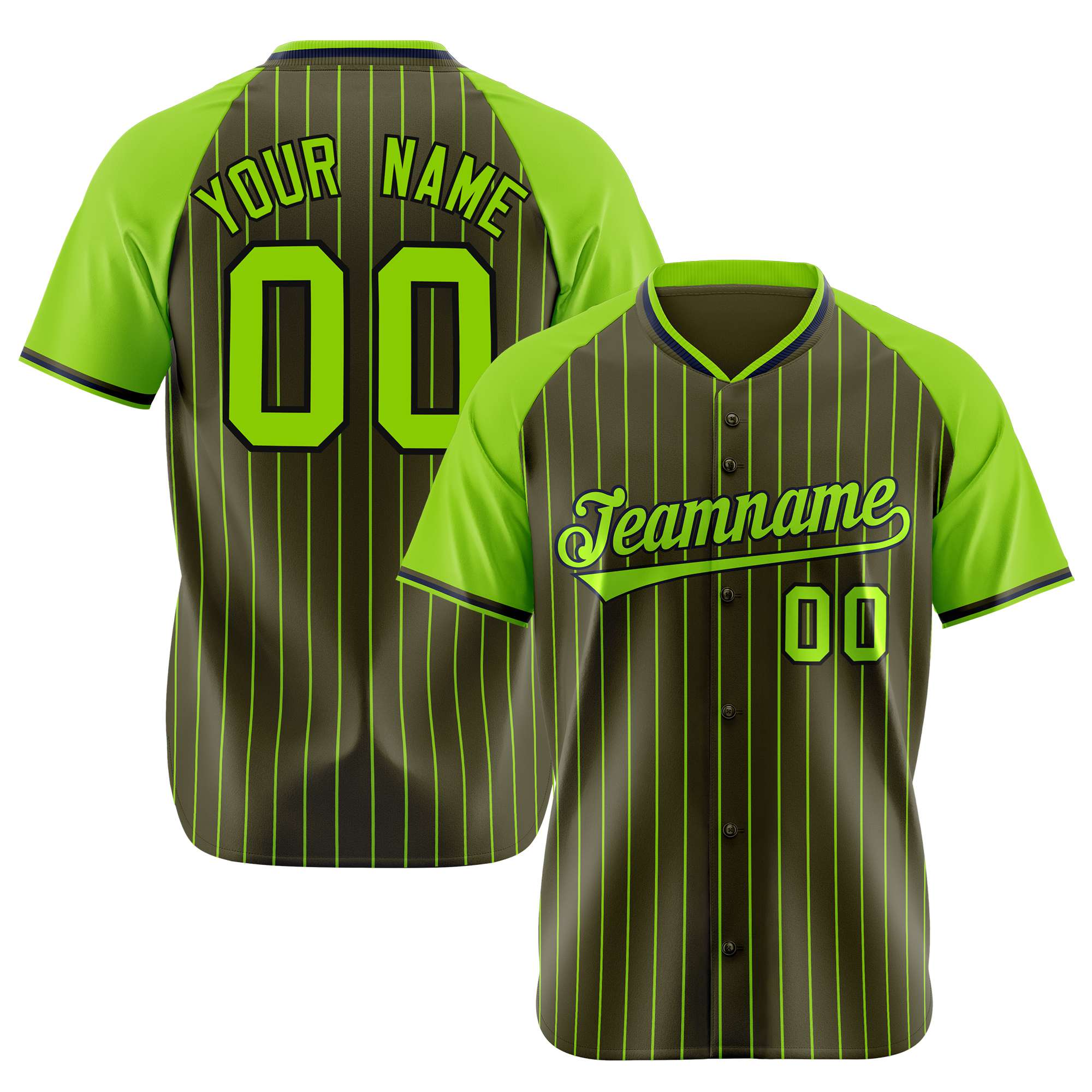 Custom Olive-Neon Green Pinstripe Authentic Raglan Sleeves Baseball Jersey