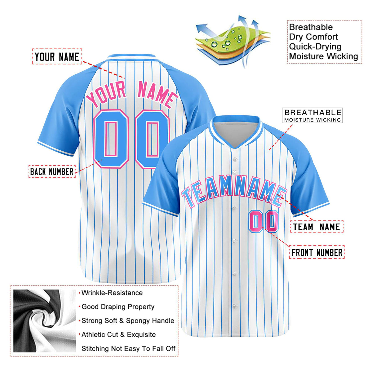 Custom White-Light Blue Pinstripe Authentic Raglan Sleeves Baseball Jersey