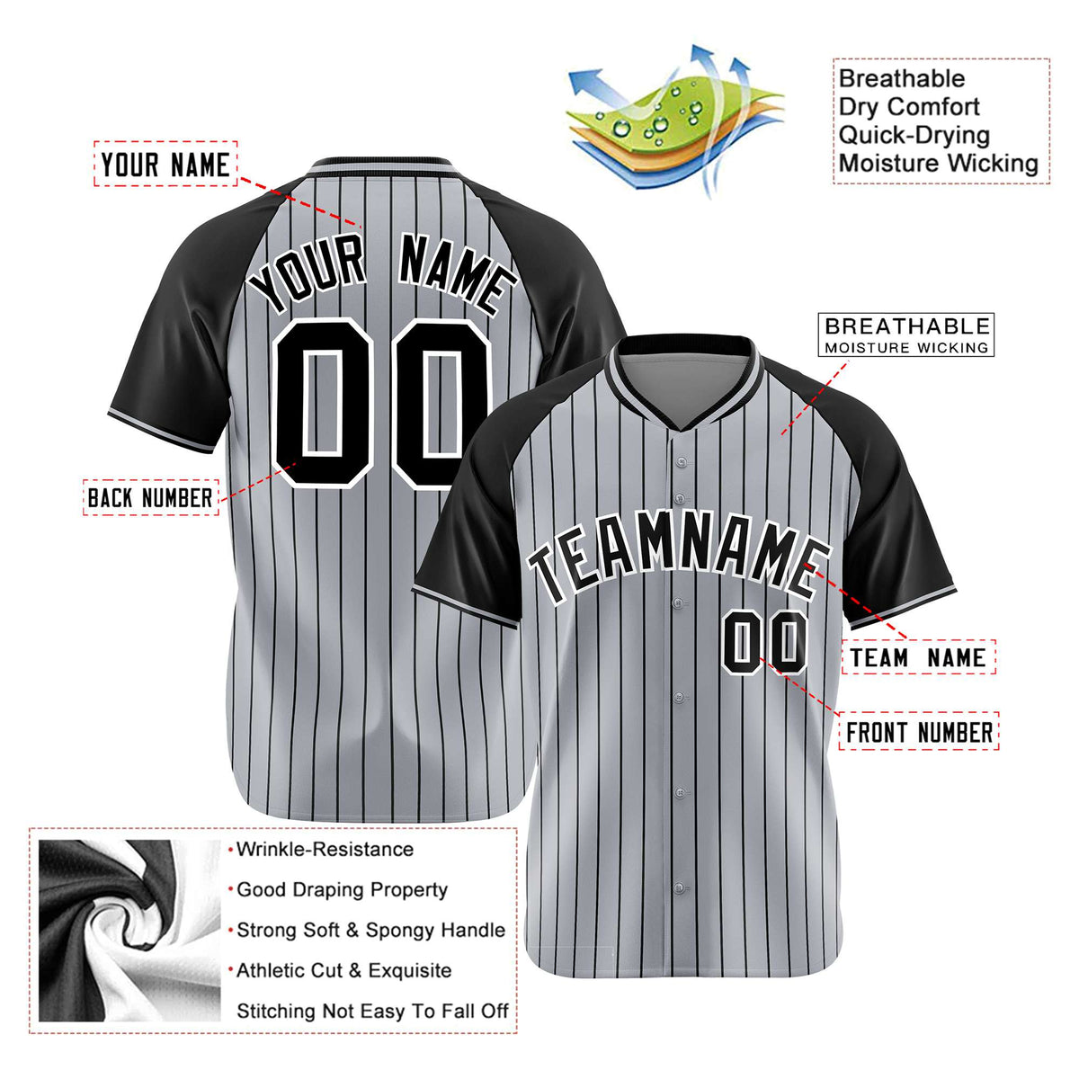 Custom Gray Black Pinstripe Black-Gray Authentic Raglan Sleeves Baseball Jersey