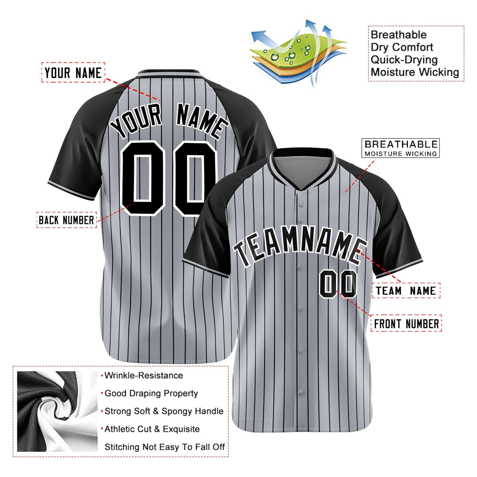 Custom Gray Black Pinstripe Black-Gray Authentic Raglan Sleeves Baseball Jersey
