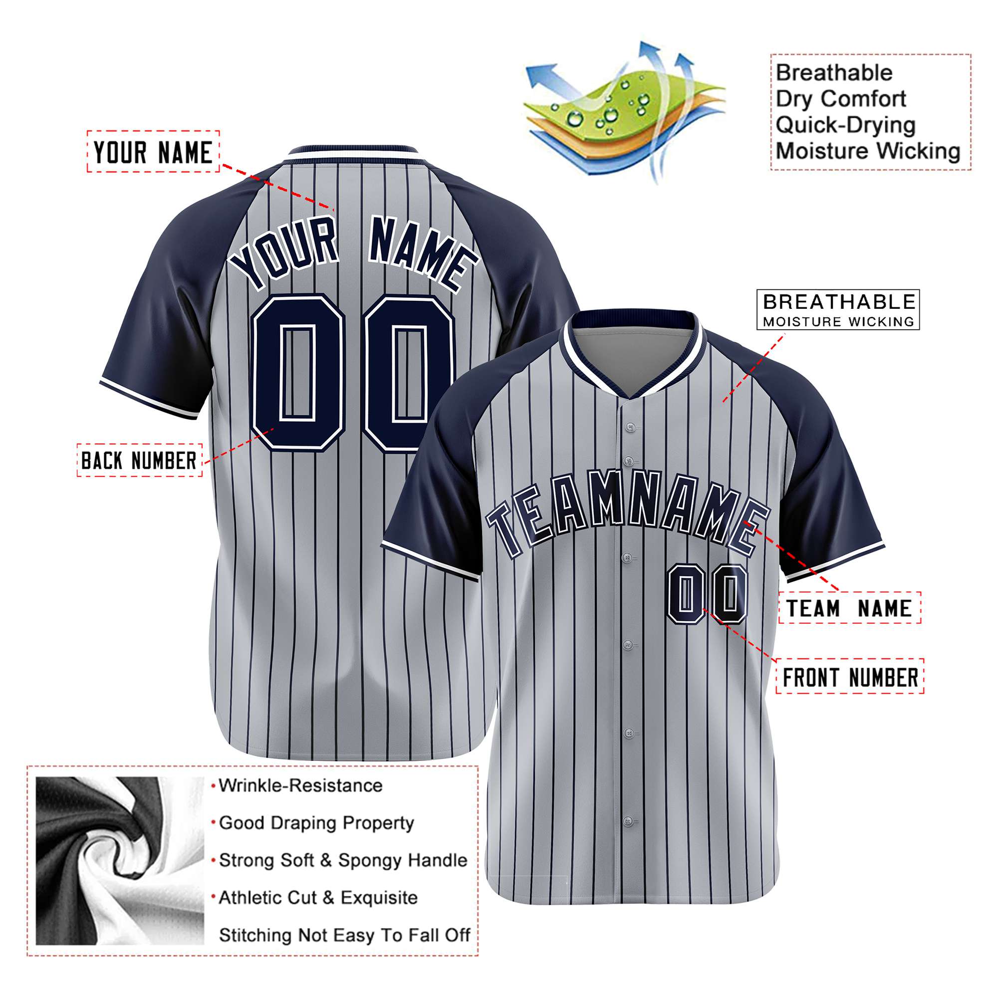 Custom Gray Navy Pinstripe Navy-Gray Authentic Raglan Sleeves Baseball Jersey