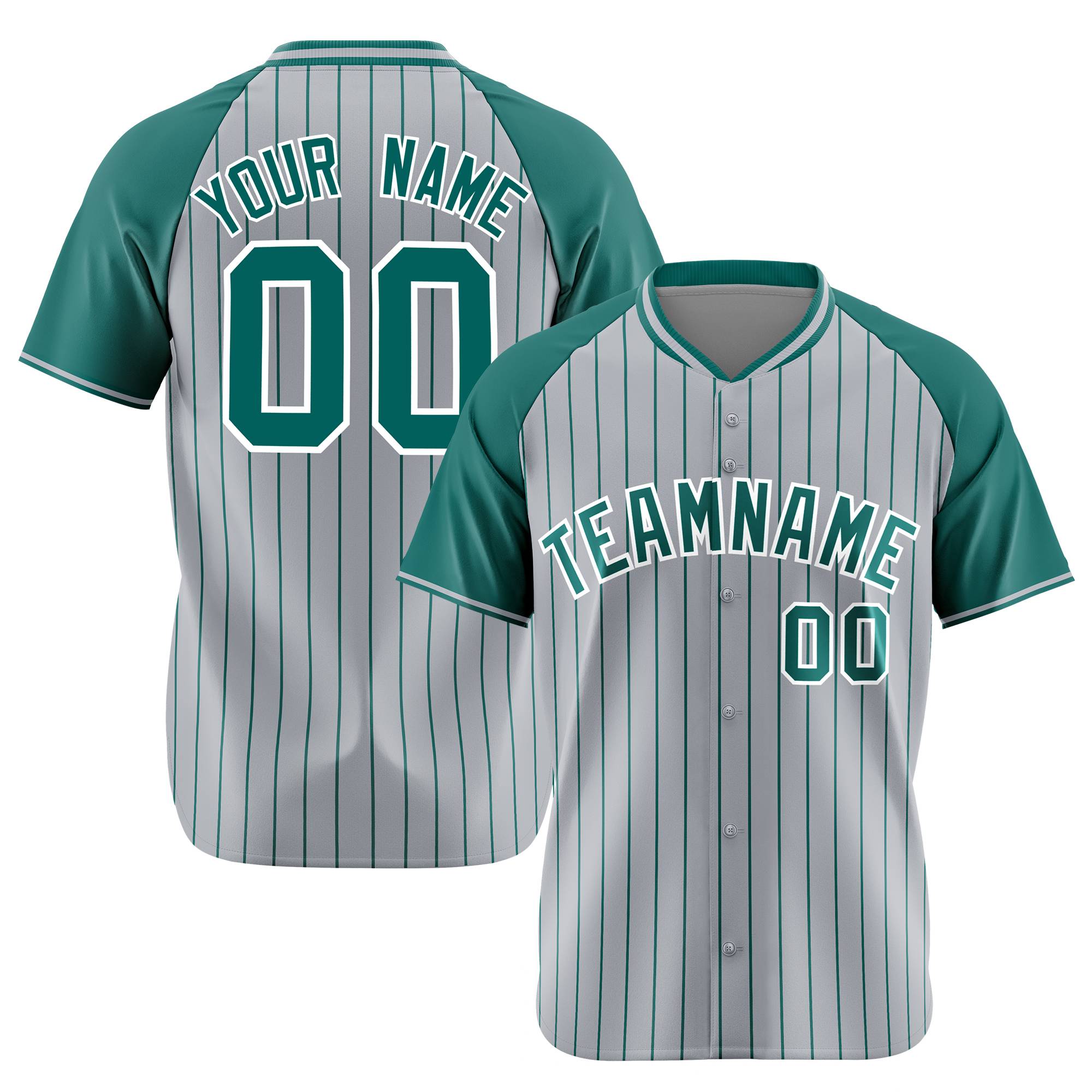 Custom Gray Aqua Pinstripe Authentic Raglan Sleeves Baseball Jersey