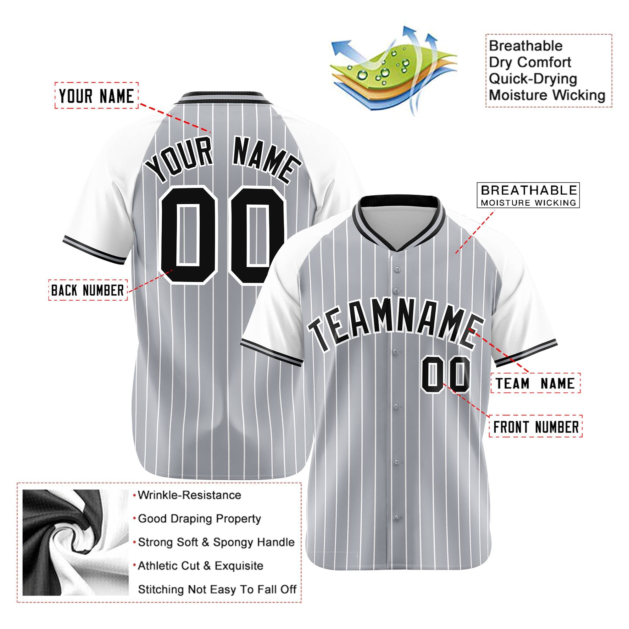 Custom Gray White Pinstripe White-Gray Authentic Raglan Sleeves Baseball Jersey