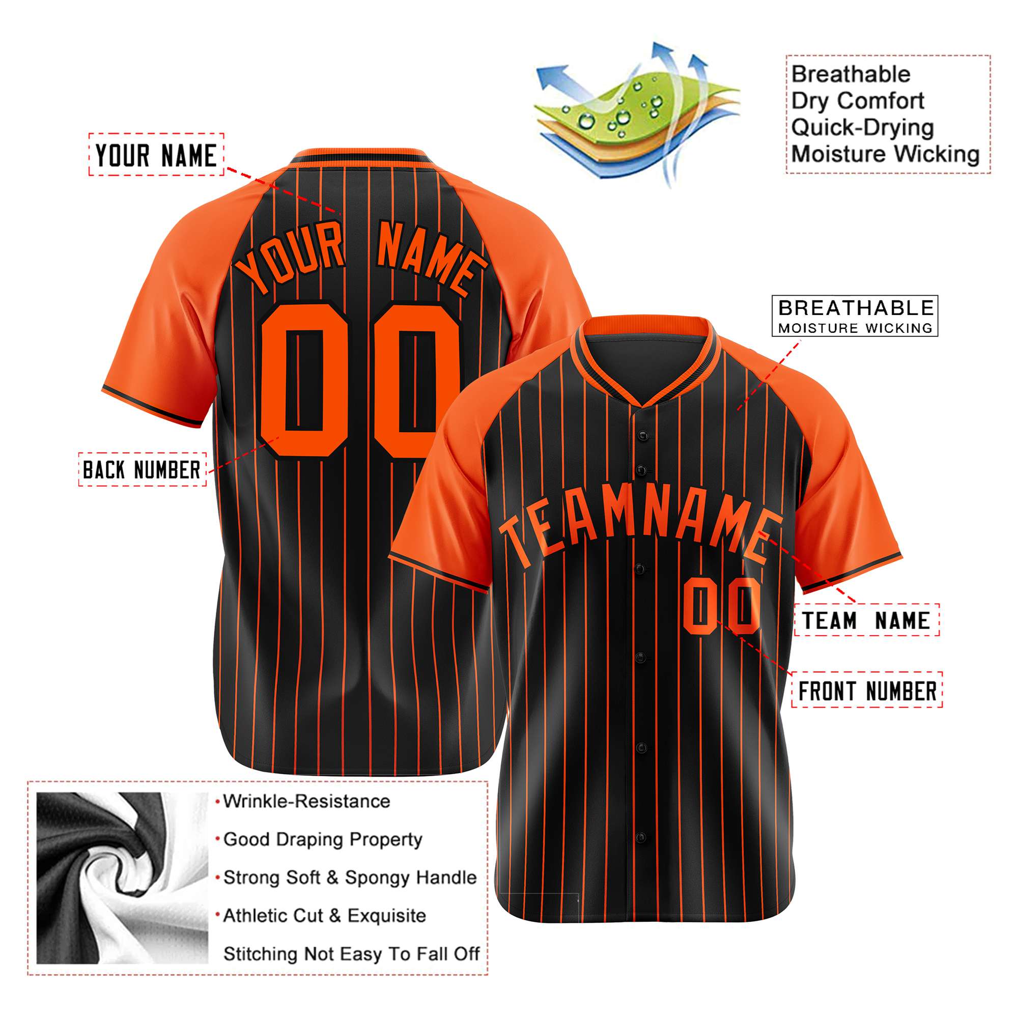 Custom Black Orange Pinstripe Orange-Black Authentic Raglan Sleeves Baseball Jersey