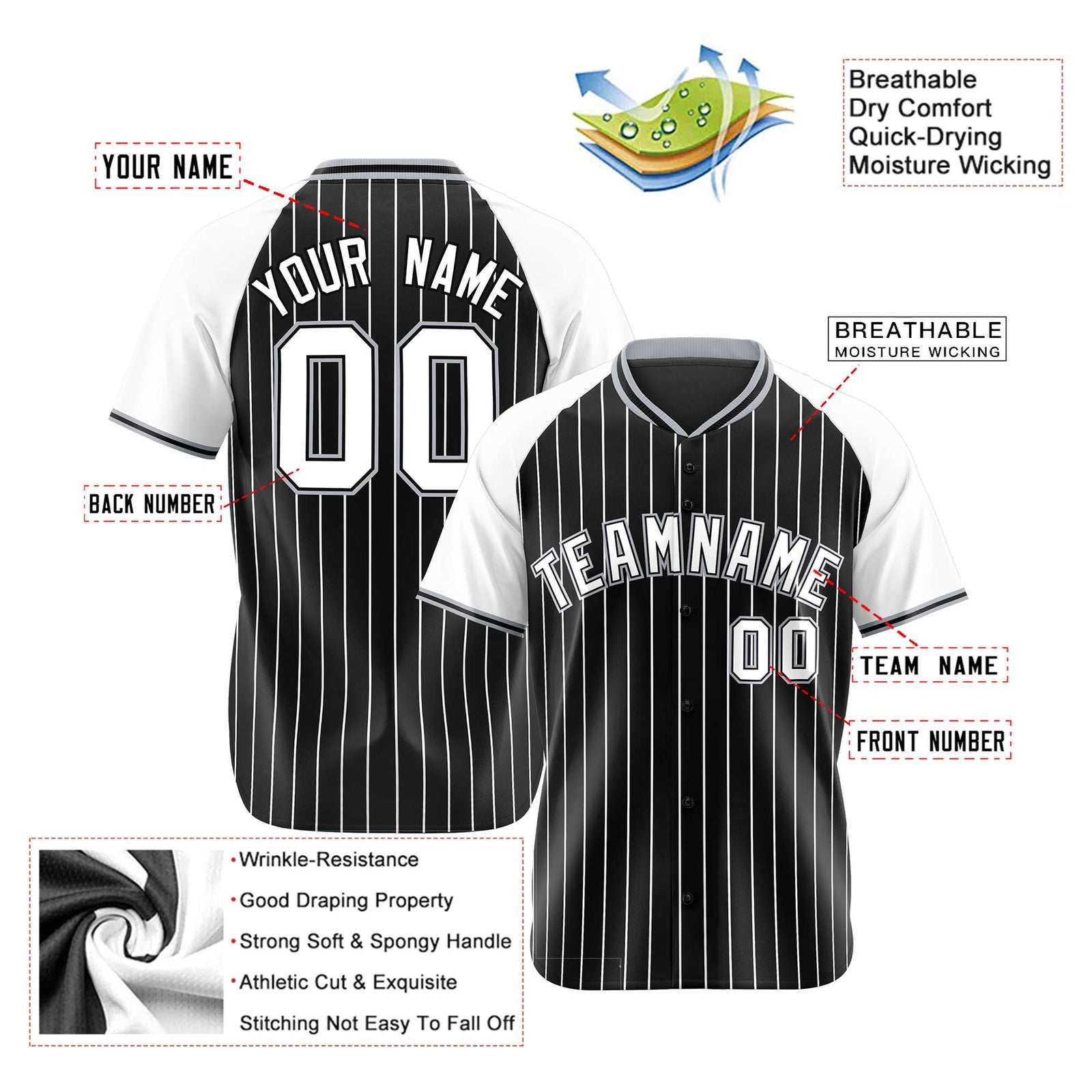 Custom Black White Pinstripe White-Black Authentic Raglan Sleeves Baseball Jersey