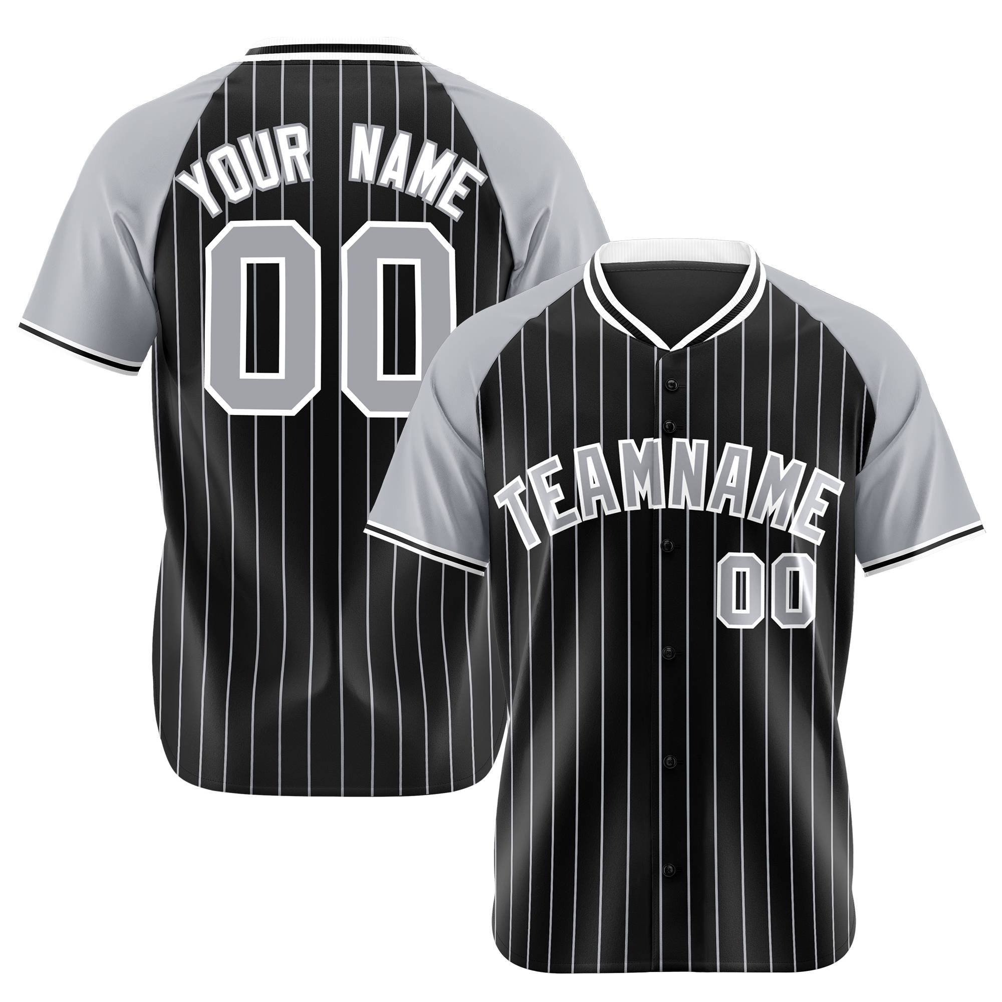 Custom Black Gray Pinstripe Gray-Black Authentic Raglan Sleeves Baseball Jersey