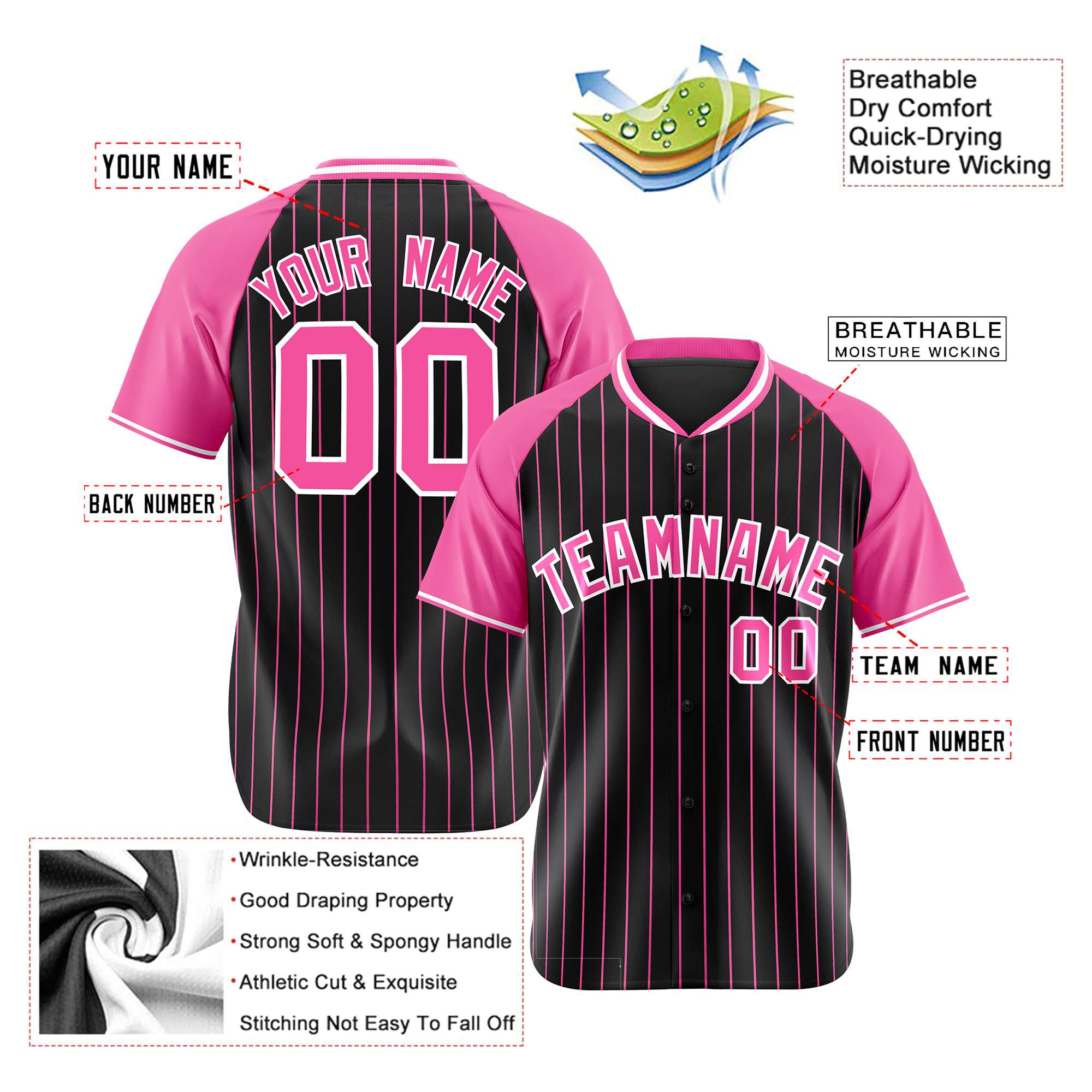 Custom Black Pink Pinstripe Pink-Black Authentic Raglan Sleeves Baseball Jersey