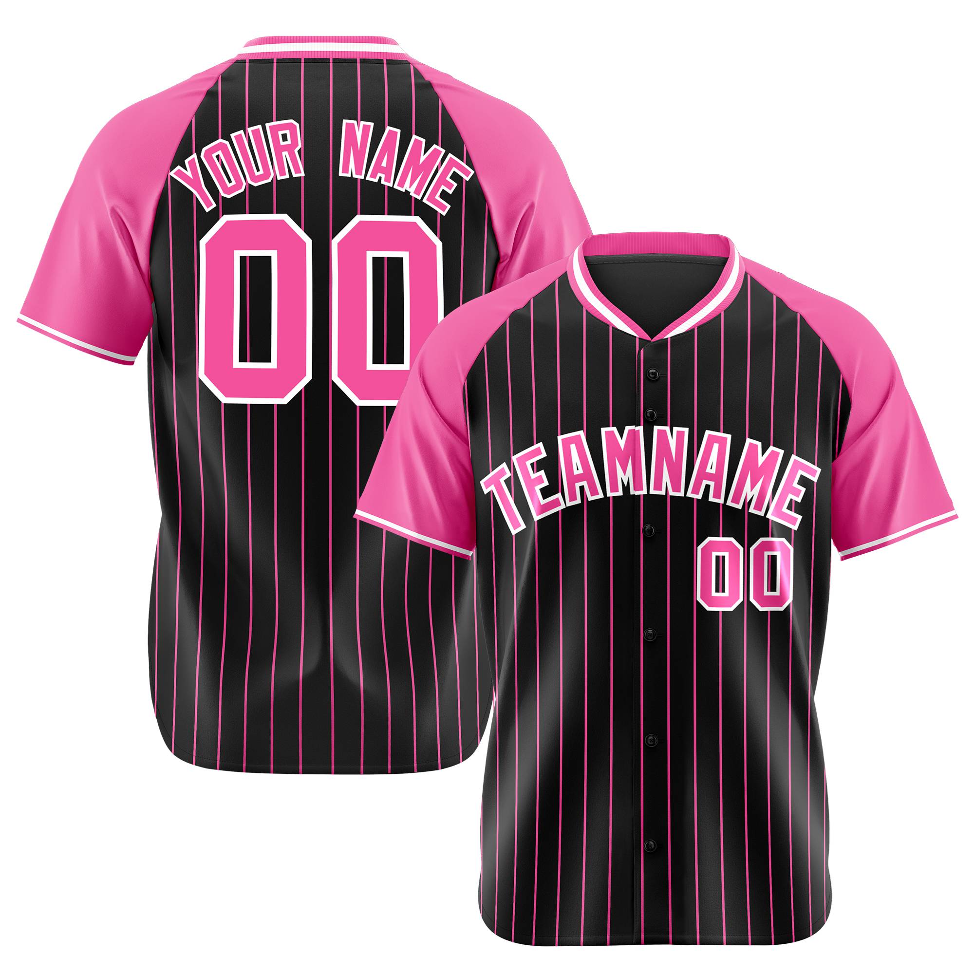 Custom Black Pink Pinstripe Pink-Black Authentic Raglan Sleeves Baseball Jersey