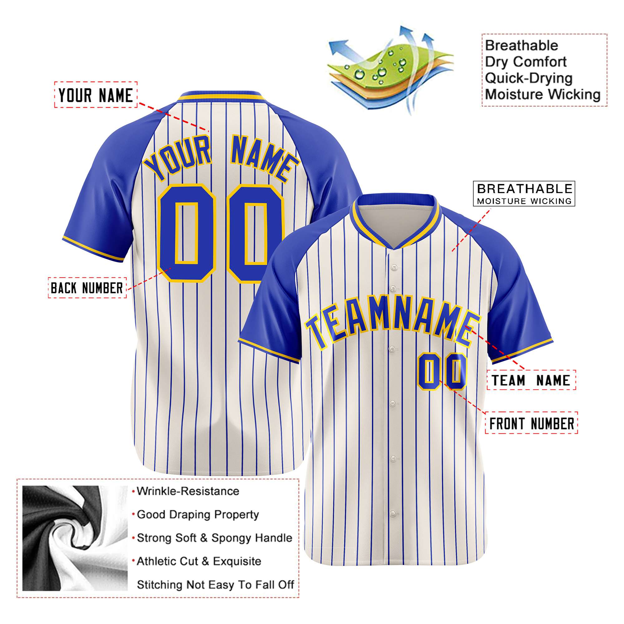 Custom Khaki Blue Pinstripe Authentic Raglan Sleeves Baseball Jersey