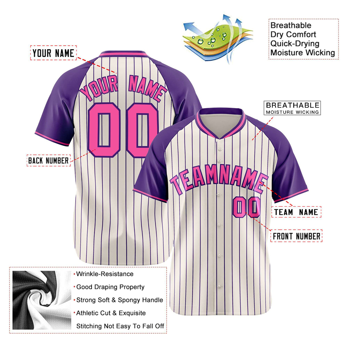 Custom Khaki Purple Pinstripe Authentic Raglan Sleeves Baseball Jersey