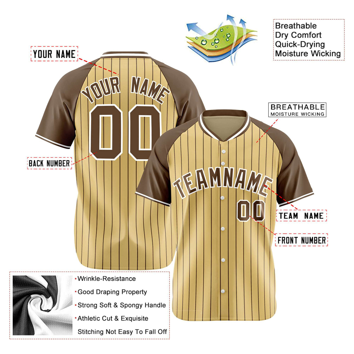 Custom Khaki-Light Brown Pinstripe Authentic Raglan Sleeves Baseball Jersey