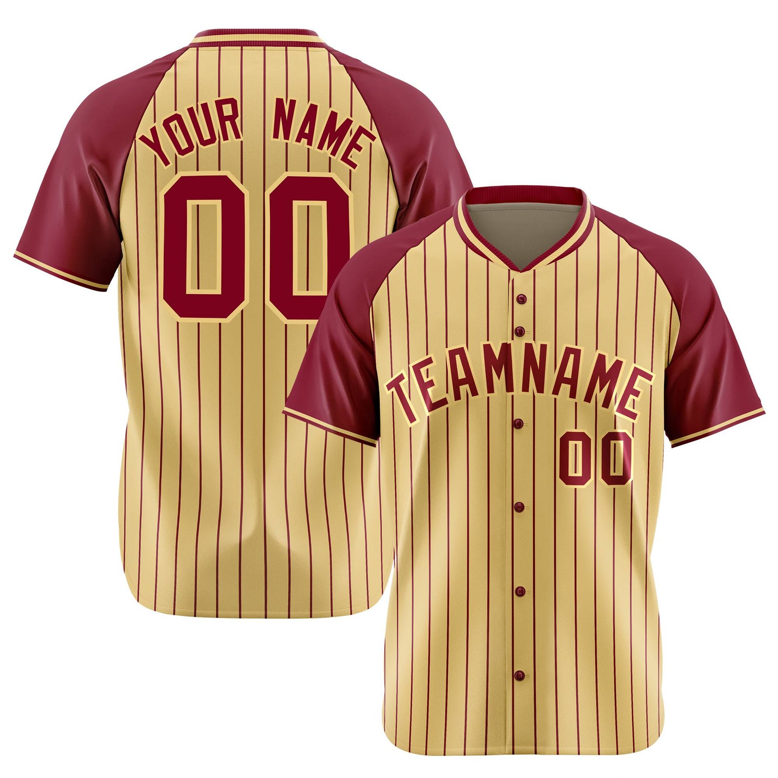 Custom Khaki Crimson Pinstripe Authentic Raglan Sleeves Baseball Jersey