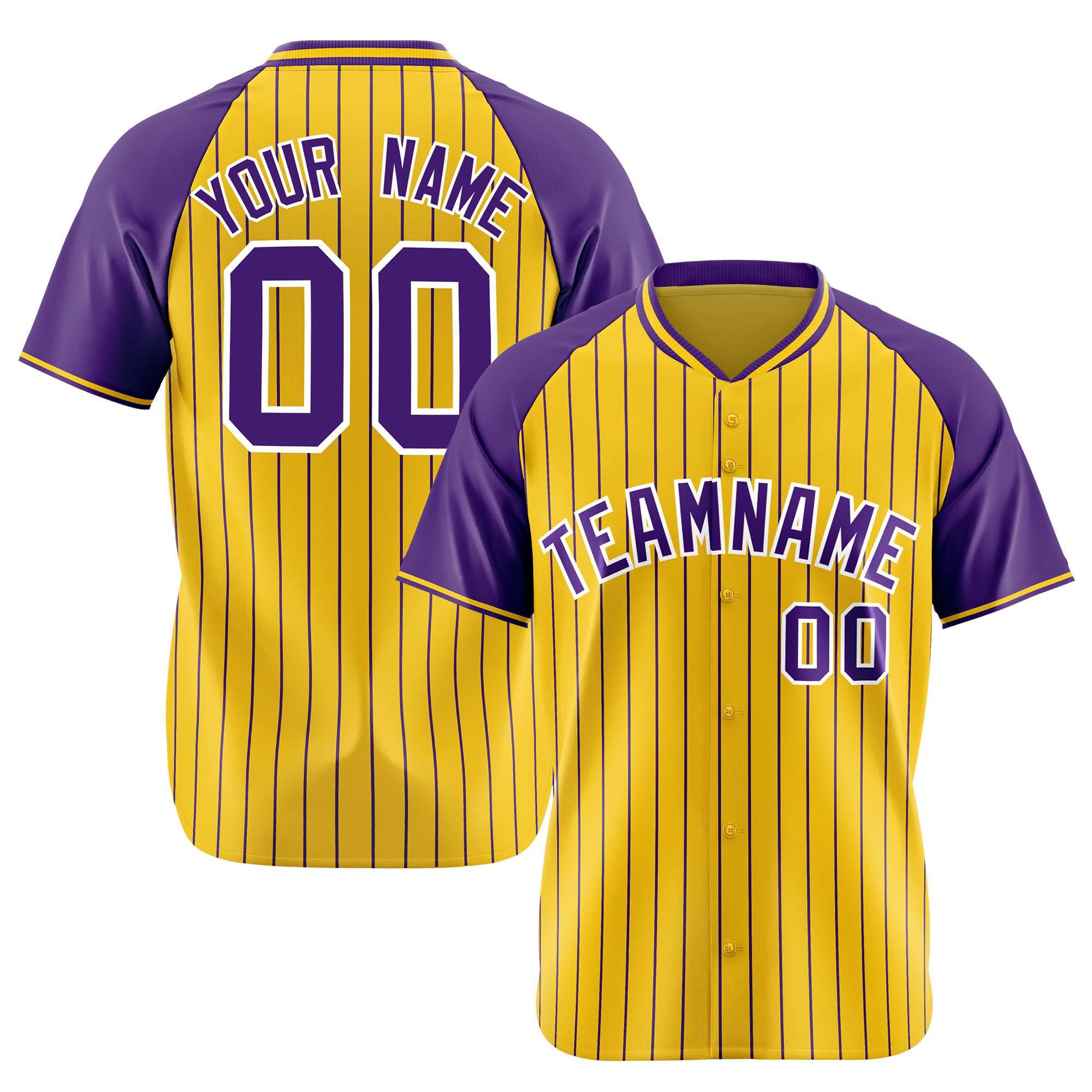 Custom Gold Purple Pinstripe Purple Gold Authentic Raglan Sleeves Baseball Jersey