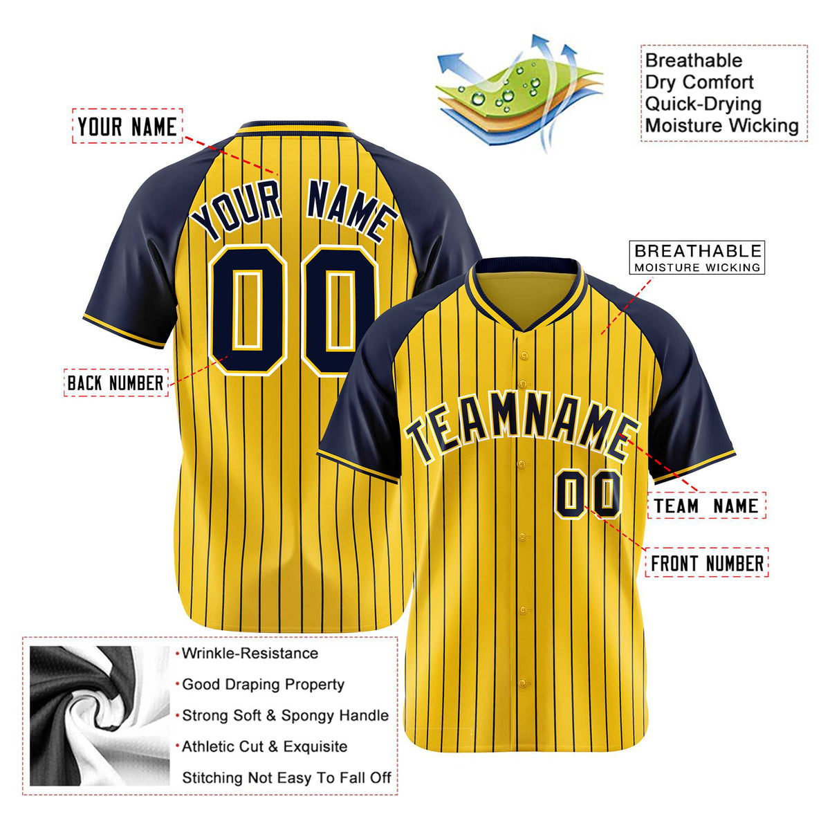 Custom Gold Navy Pinstripe Navy Gold Authentic Raglan Sleeves Baseball Jersey