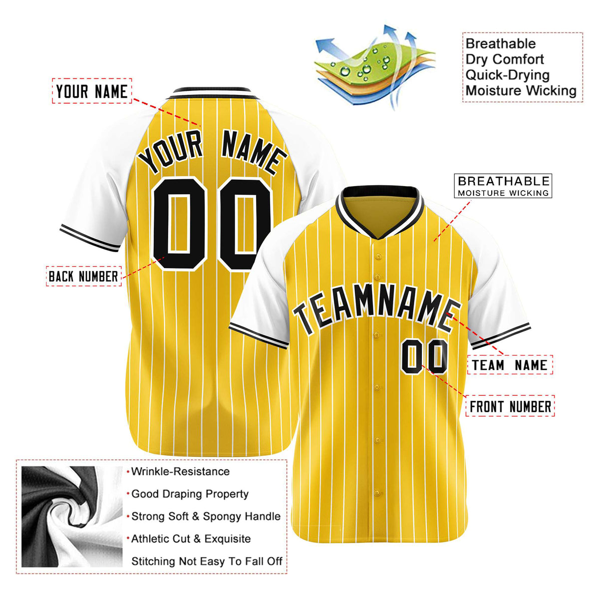 Custom Gold-White Pinstripe Gold-White Authentic Raglan Sleeves Baseball Jersey