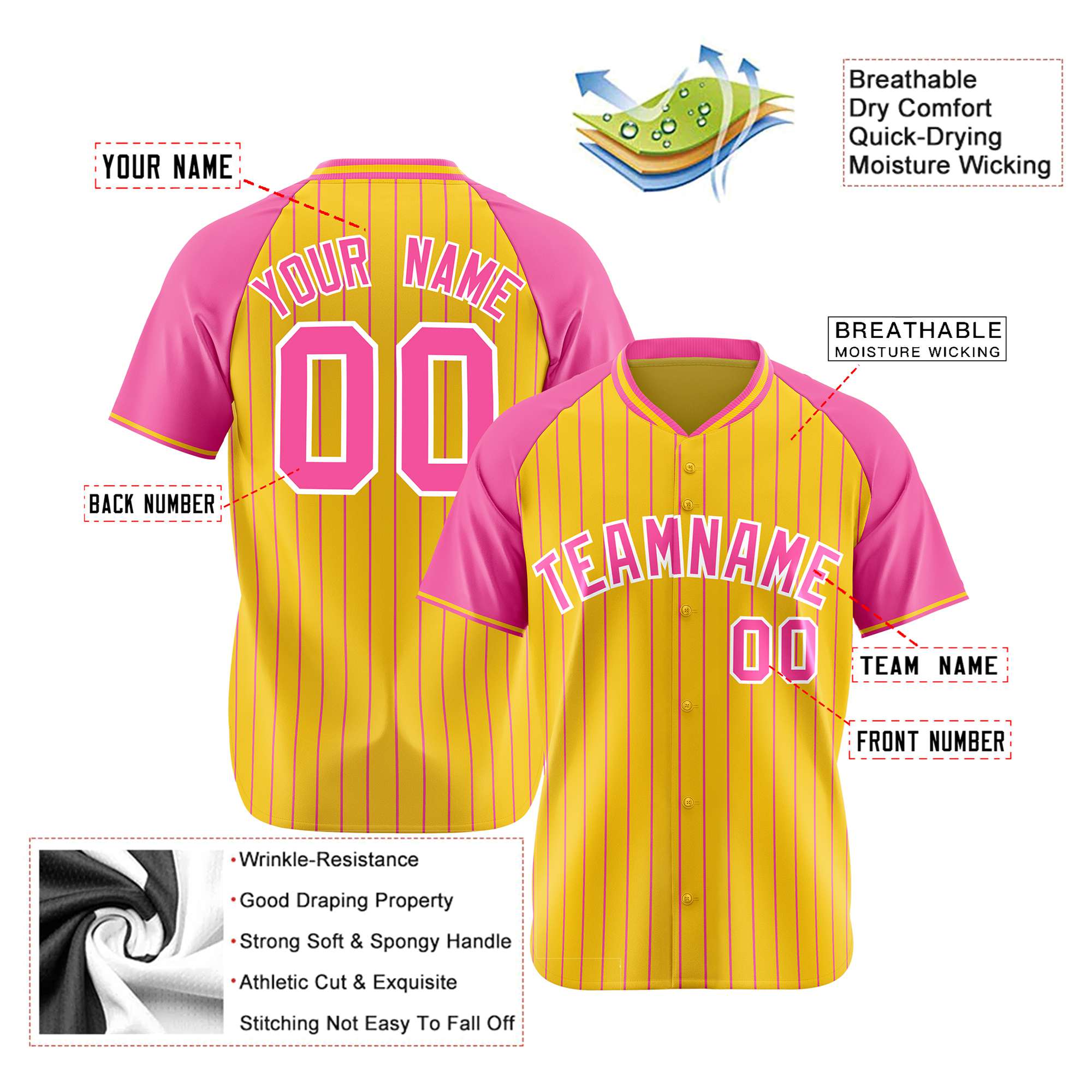 Custom Gold Pink Pinstripe Gold Pink Authentic Raglan Sleeves Baseball Jersey