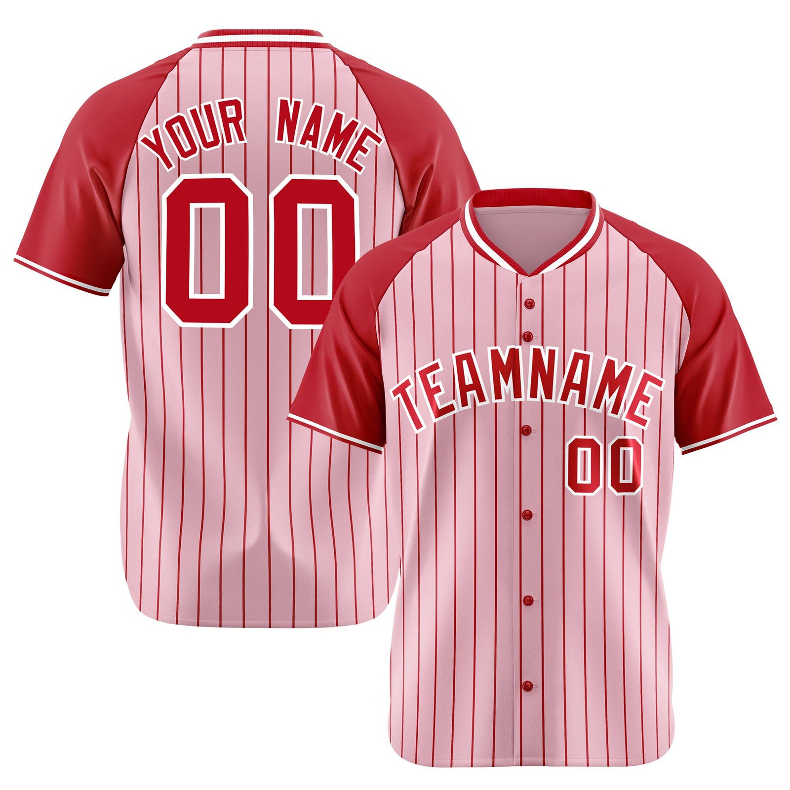 Custom Pink Red Pinstripe Red-Pink Authentic Raglan Sleeves Baseball Jersey