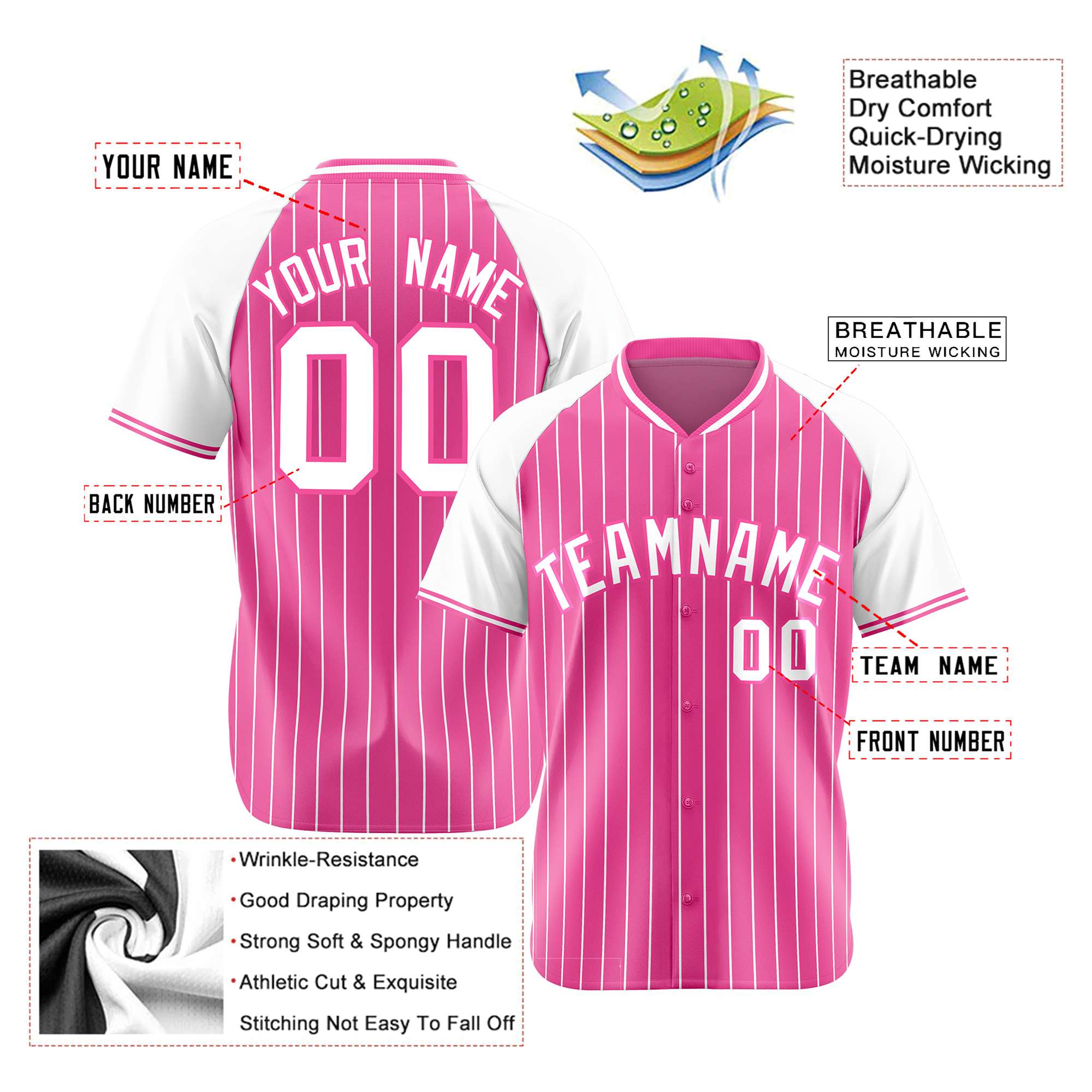 Custom Pink White Pinstripe White-Pink Authentic Raglan Sleeves Baseball Jersey