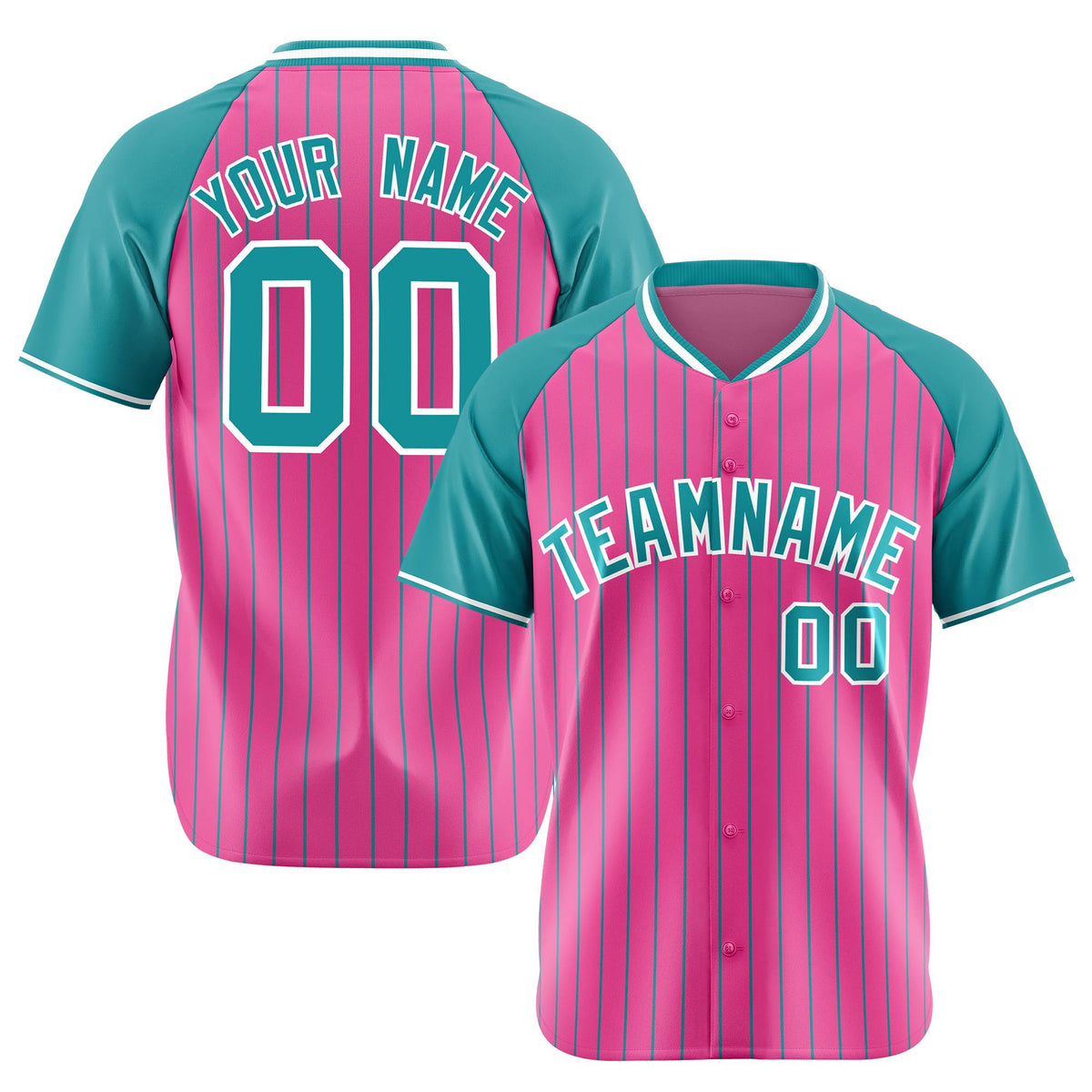 Custom Pink Aqua Pinstripe Aqua-Pink Authentic Raglan Sleeves Baseball Jersey
