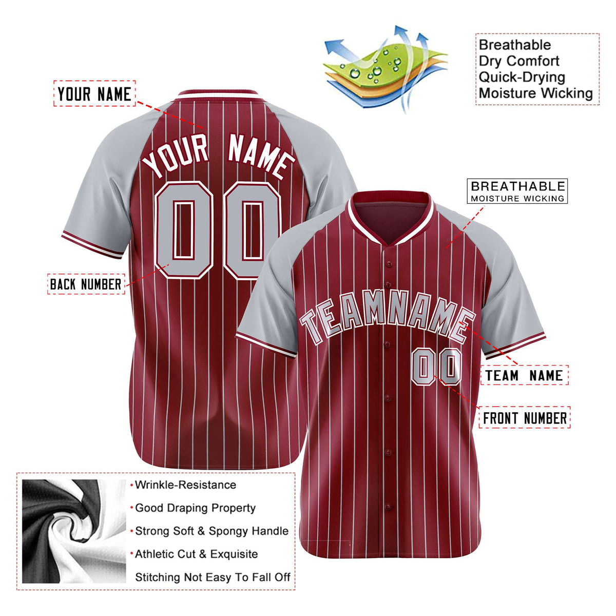 Custom Crimson Gray Pinstripe Authentic Raglan Sleeves Baseball Jersey
