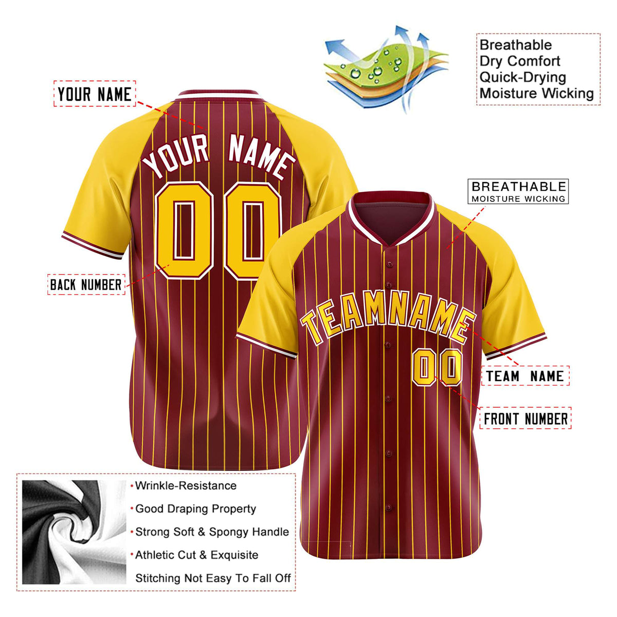 Custom Crimson Gold Pinstripe Authentic Raglan Sleeves Baseball Jersey
