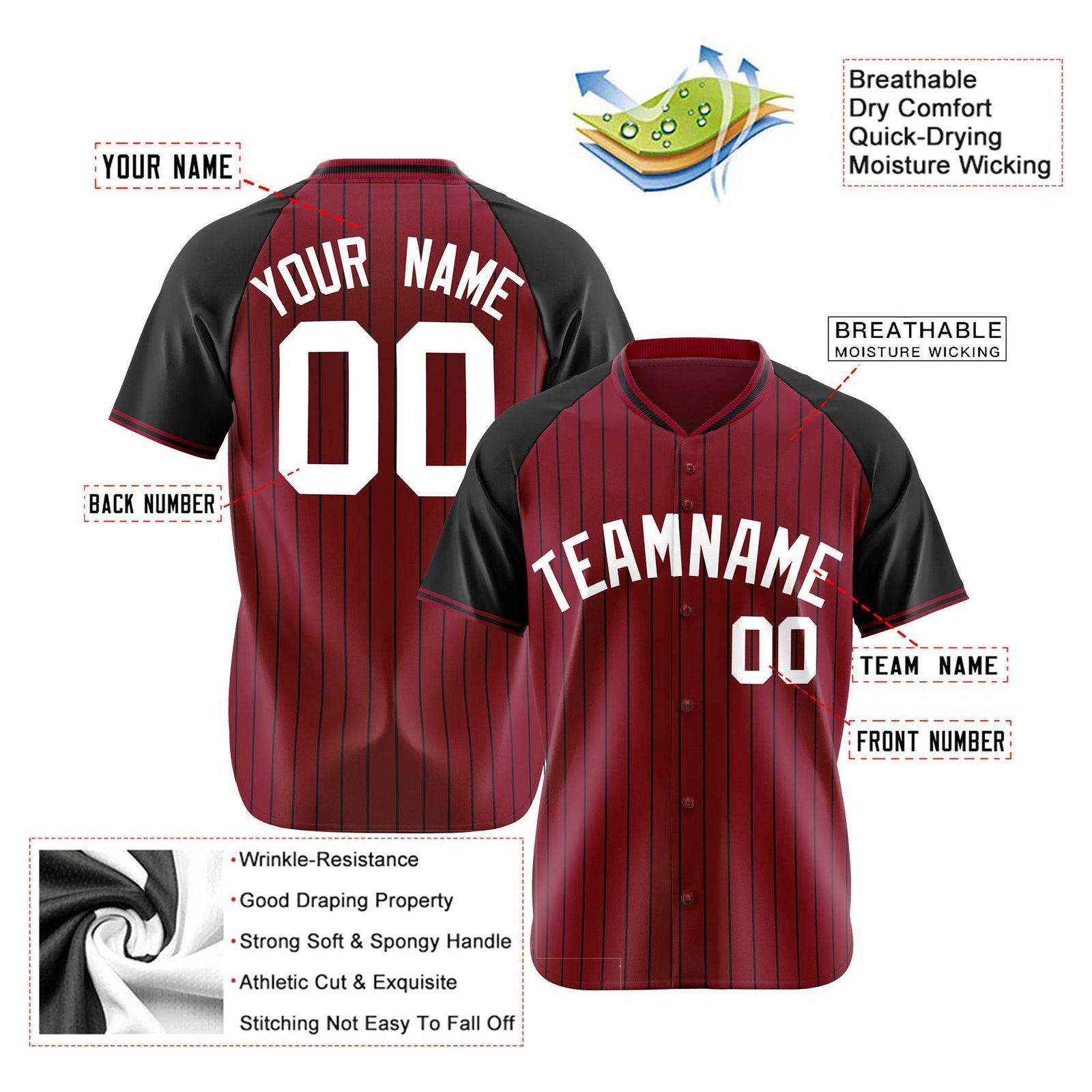 Custom Crimson Black Pinstripe Authentic Raglan Sleeves Baseball Jersey