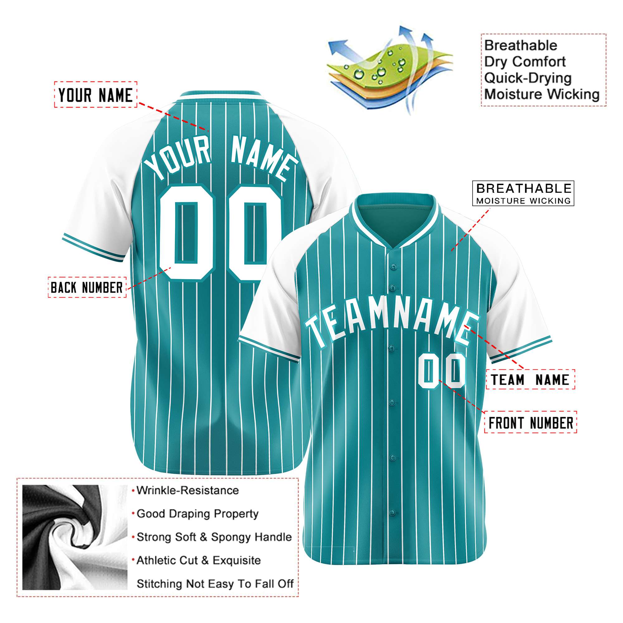 Custom Aqua White Pinstripe White-Aqua Authentic Raglan Sleeves Baseball Jersey