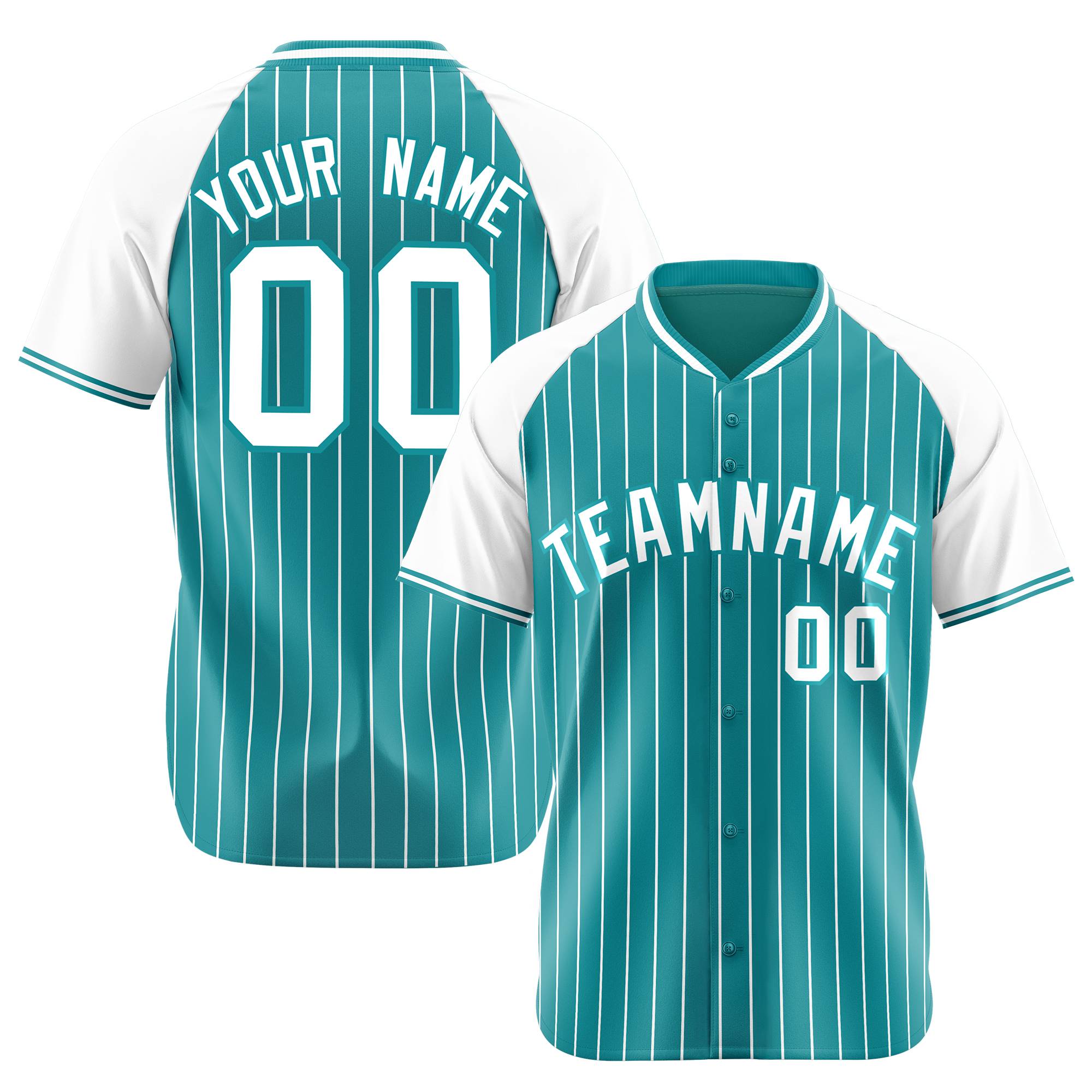 Custom Aqua White Pinstripe White-Aqua Authentic Raglan Sleeves Baseball Jersey