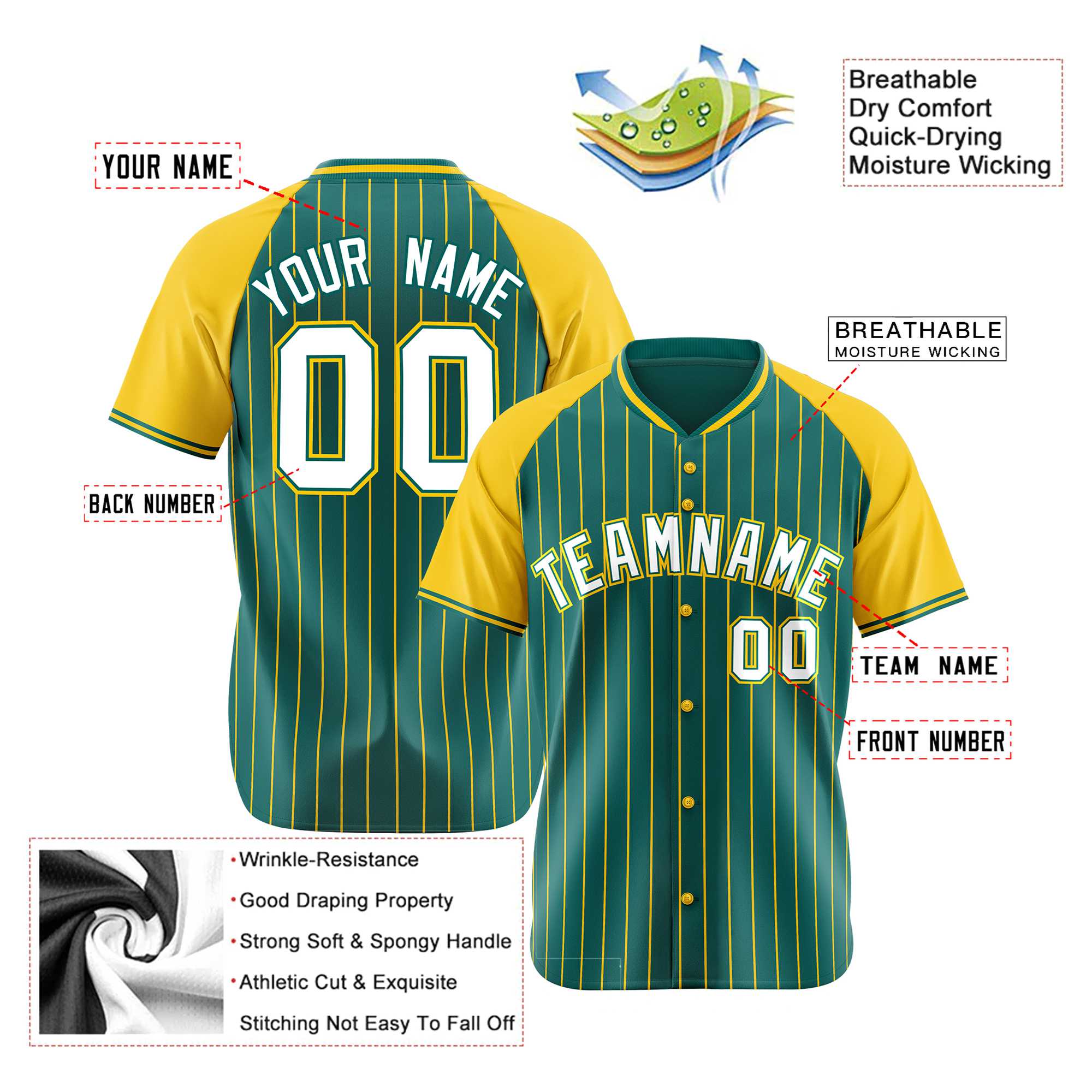 Custom Aqua Gold Pinstripe Authentic Raglan Sleeves Baseball Jersey