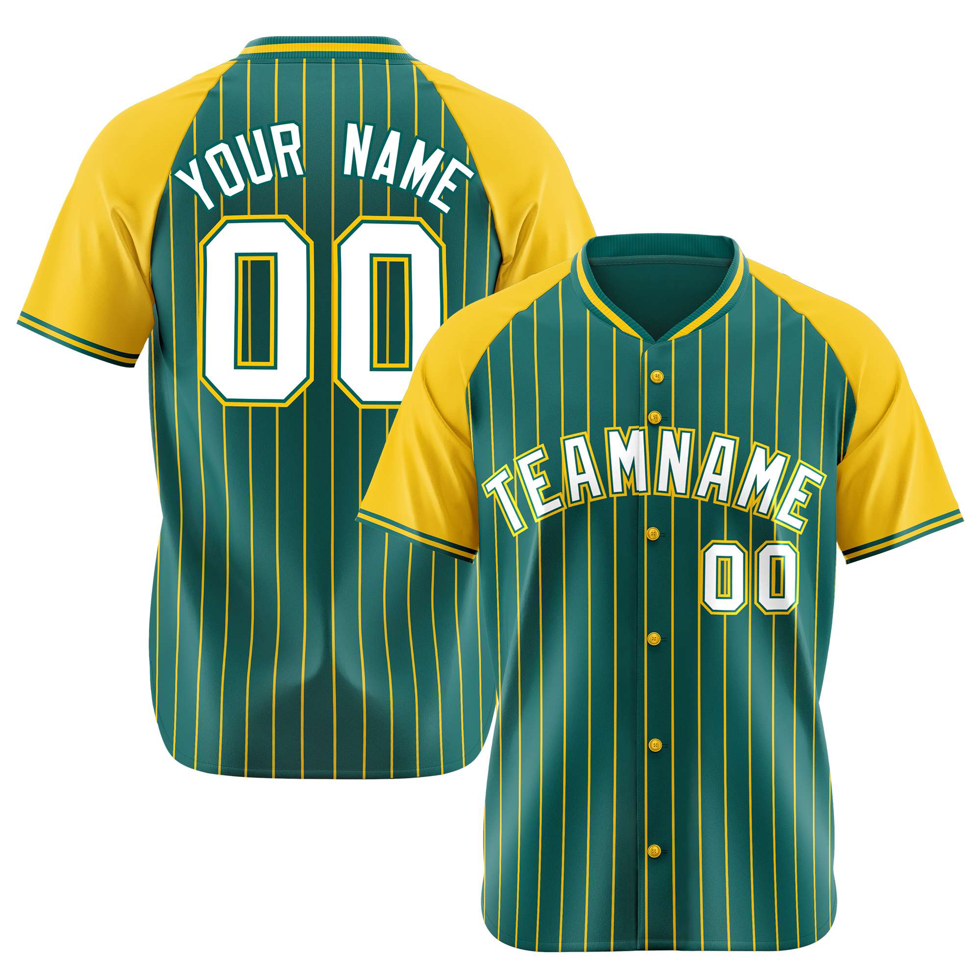 Custom Aqua Gold Pinstripe Authentic Raglan Sleeves Baseball Jersey