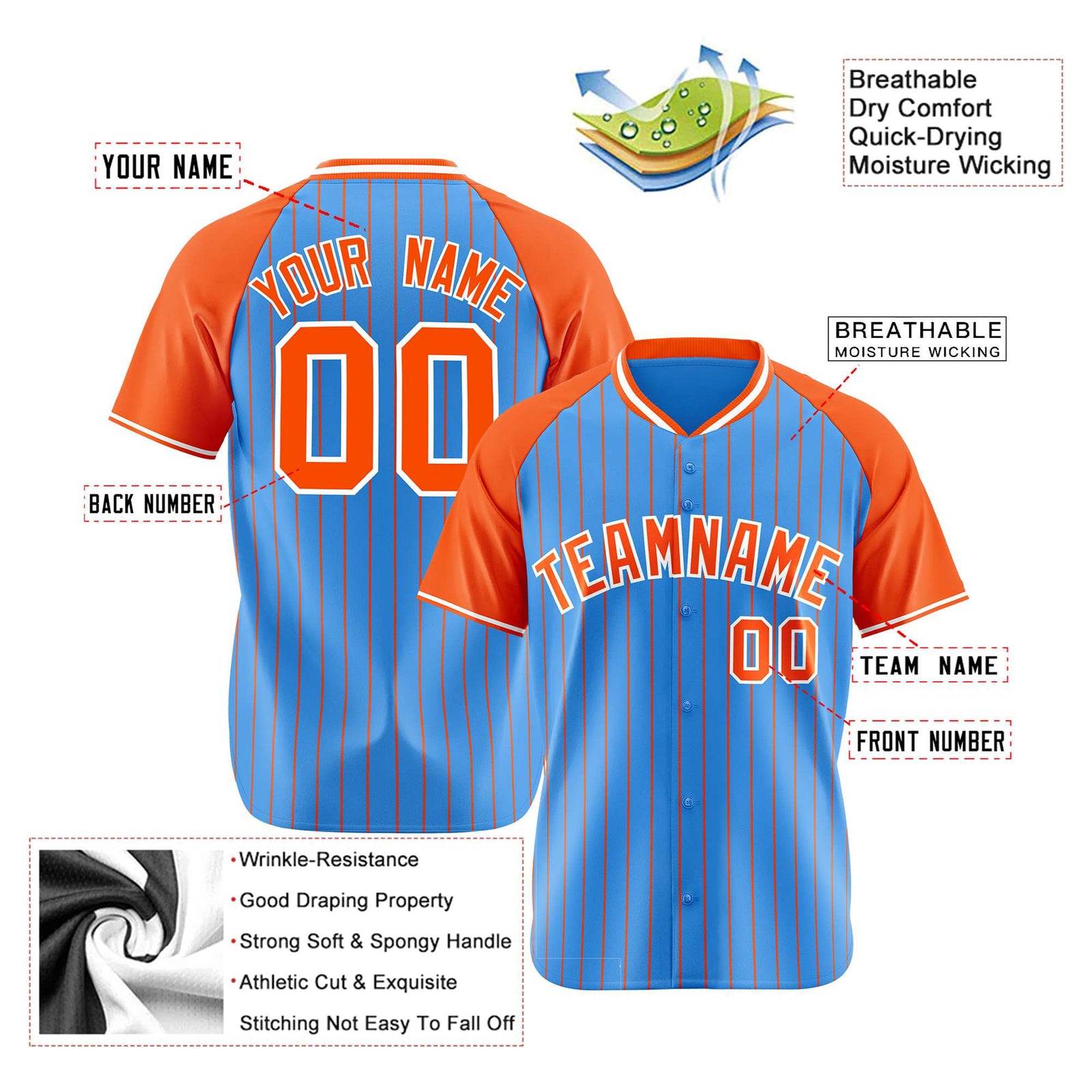 Custom Blue Orange Pinstripe Orange-Blue Authentic Raglan Sleeves Baseball Jersey