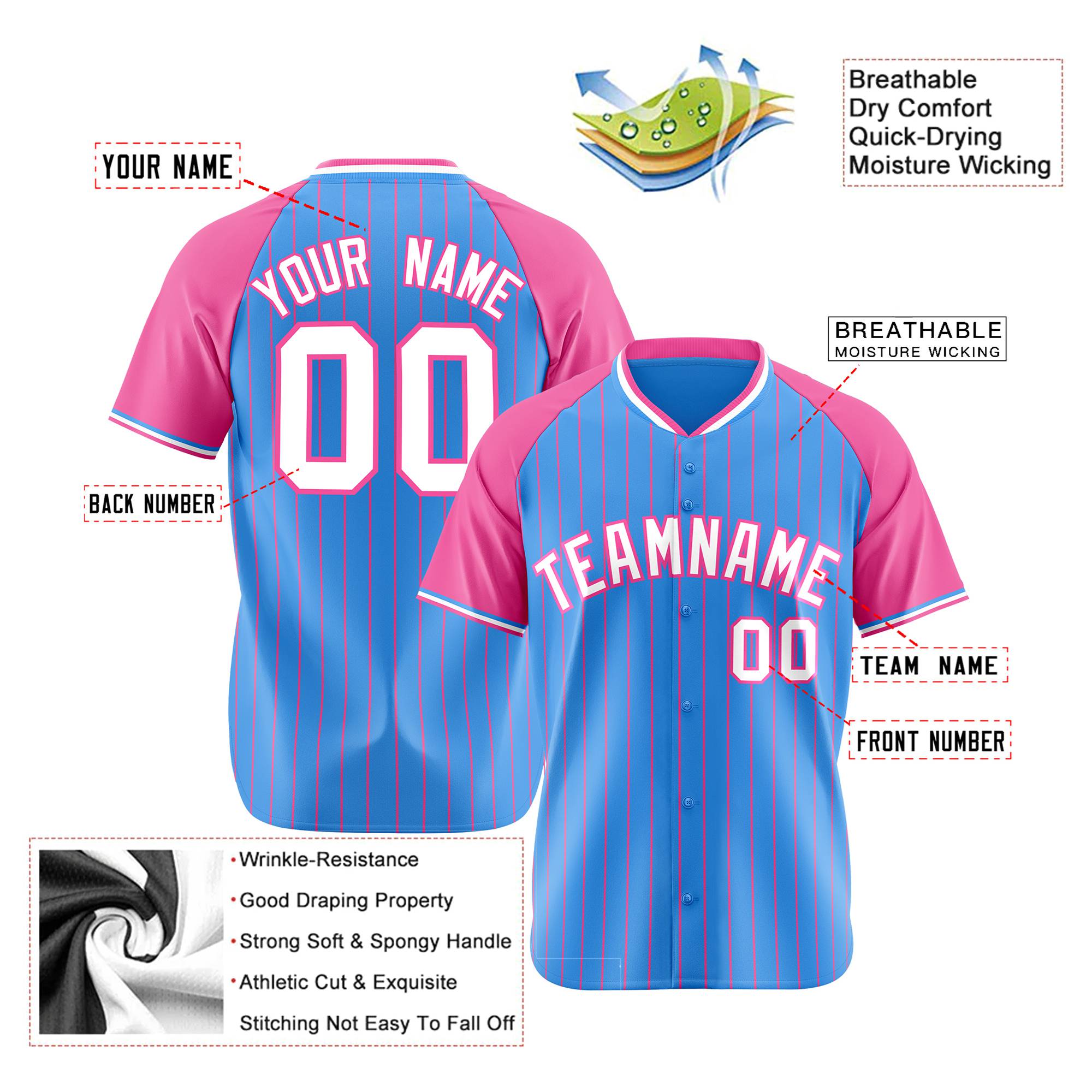 Custom Blue Pink Pinstripe Pink-Blue Authentic Raglan Sleeves Baseball Jersey