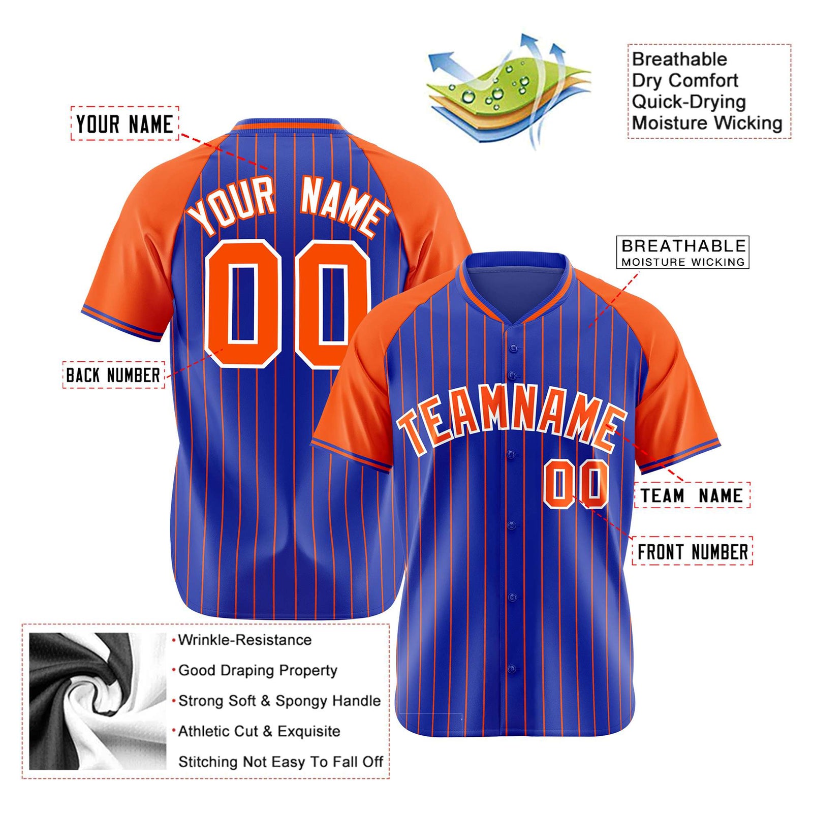 Custom Royal Blue-Orange Pinstripe Authentic Raglan Sleeves Baseball Jersey