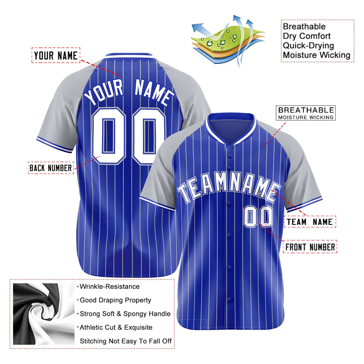 Custom Royal Blue-Gray Pinstripe Authentic Raglan Sleeves Baseball Jersey