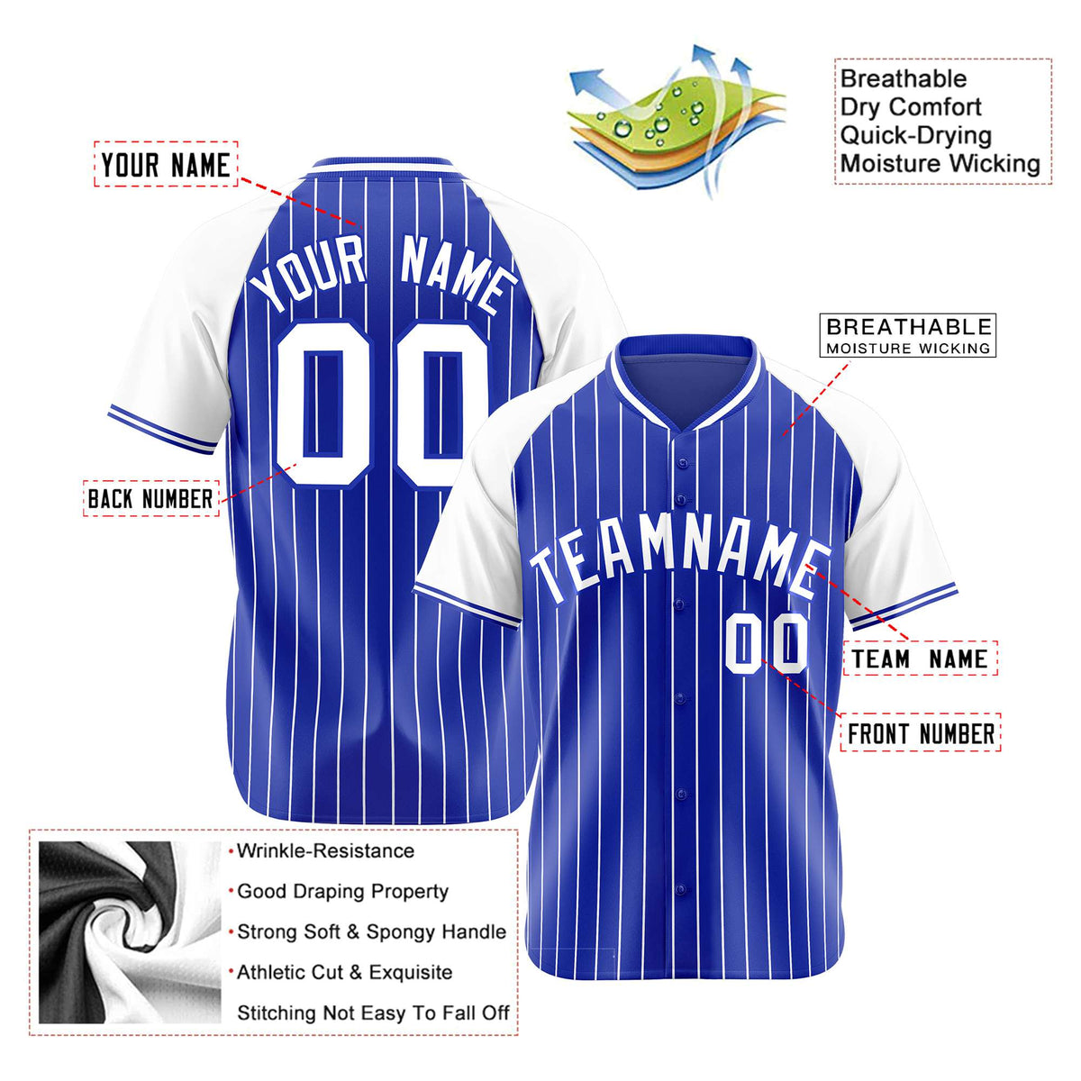 Custom Royal Blue-White Pinstripe Authentic Raglan Sleeves Baseball Jersey